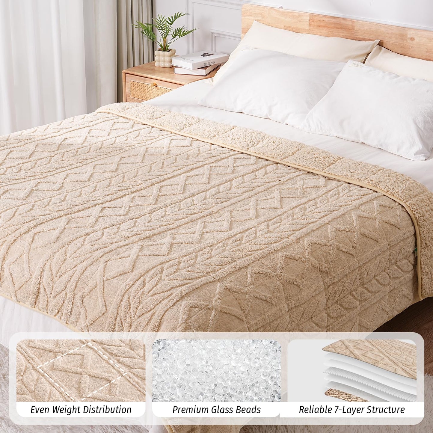 Wemore Jacquard Fleece Weighted Blanket Twin Size 60" x 80" 15lbs, Ultra Soft Cozy Sherpa Weighted Blankets for Adults, Ultra Fuzzy Heavy Blanket, Fluffy Warm Throw for Winter, Light Khaki