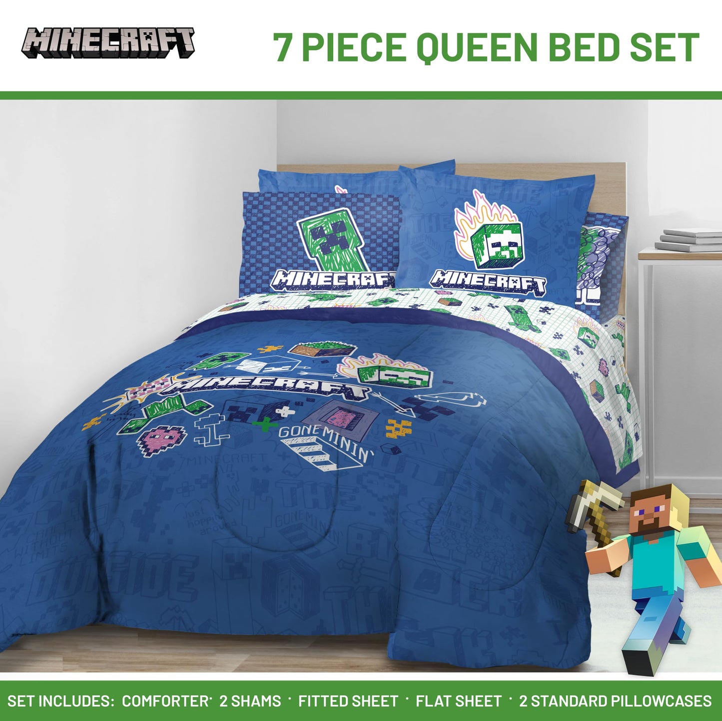 Jay Franco Kids Comforter Set Includes Sheets and Pillow Covers - Soft and Cozy Bed Set for Stylish Room Decor, Blue - Minecraft 02, 7 Piece Queen Bedding