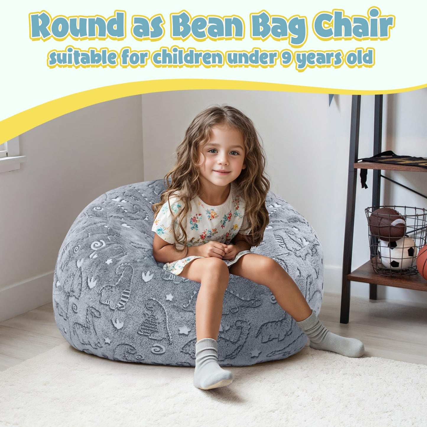 COMAX Kids Bean Bag Chair Turn into Beanbag Bed, Dinosaur Toddler Bean Chair for Girl Boy Sleeping, Lazy Children Bean Bags with Filler, Convertible Child Floor Mattress, Grey Dino