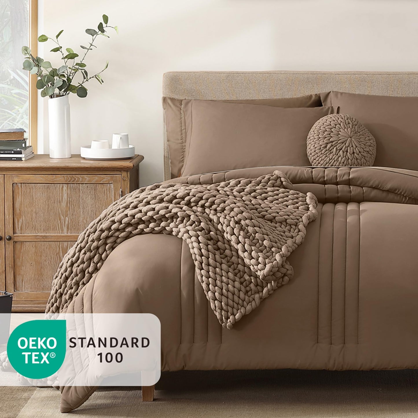 Monbix Queen Comforter Set - 7 Pieces Raw Umber Bed in a Bag Queen Bedding Sets with Comforters, All Seasons Comforter Bed Set with Sheets, Pillowcases & Shams
