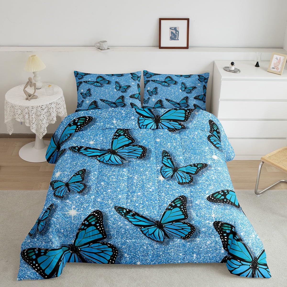 Castle Fairy Butterfly Glitter Comforter Set Queen Size,Blue Starry Galaxy Bedding Set for Kids Girls Teens Adults Room Decor,Fantasy Flying Animals Quilt Set Sparkling Diamonds Duvet Insert 3pcs