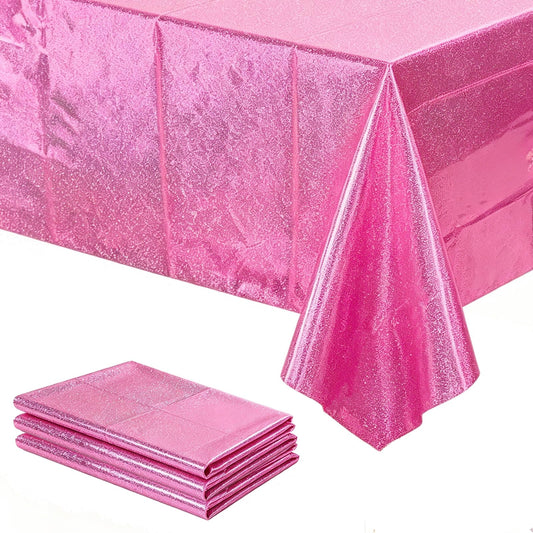 Lesgln 3 Pack Iridescent Pink Tablecloth 54'' x 108'' Disposable Holographic Plastic Rectangle Party Table Cloth Waterproof Oil-Proof for Kpop Birthday Wedding Christmas Theme Party Decorations