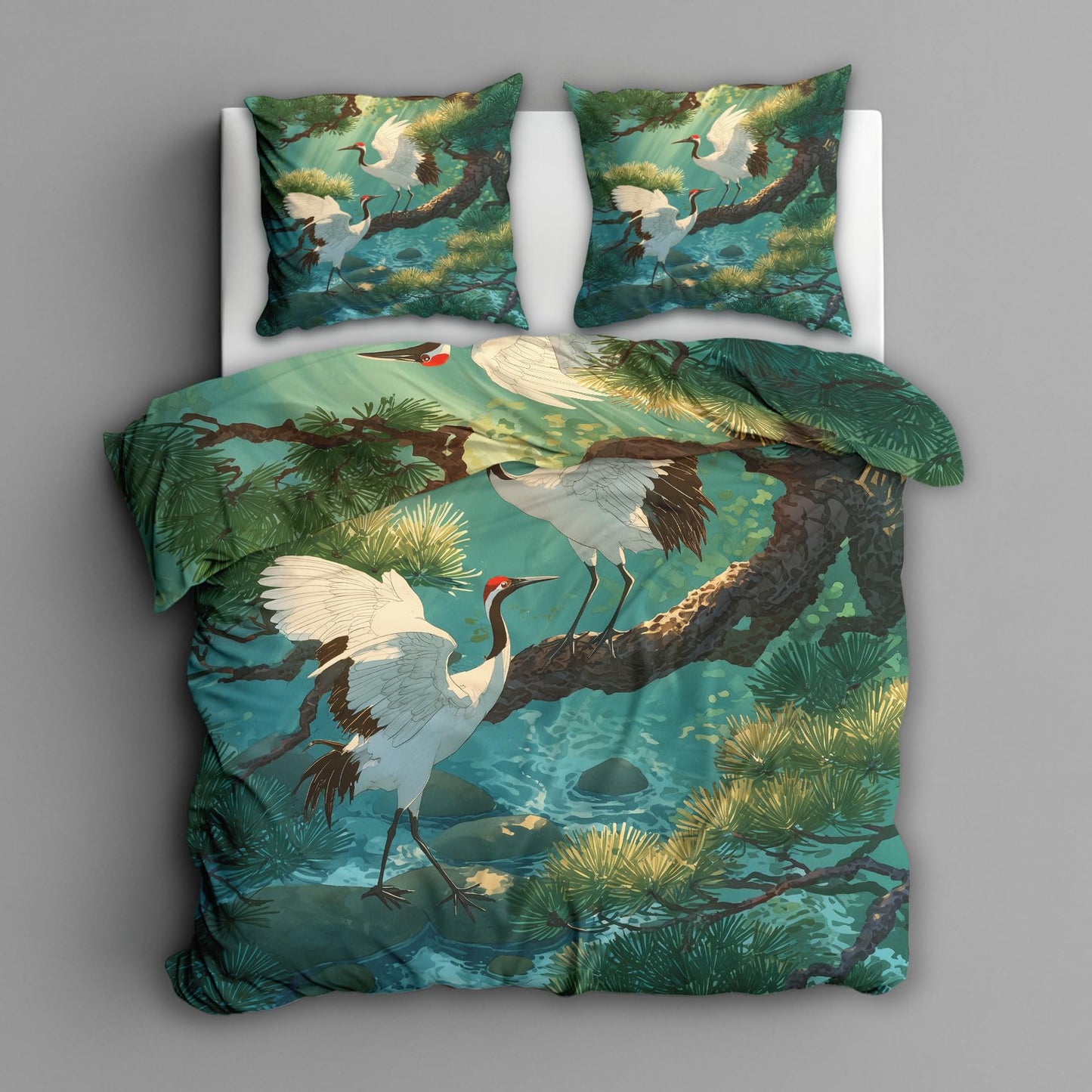 zcwl Japanese Crane Duvet Cover Oversized King Size | Pine Tree Bird Bedding Set | 3 Piece | Soft Microfiber Patterned Comforter Cover with Zipper Ties & 2 Pillowcases | Green Nature Bedroom Decor