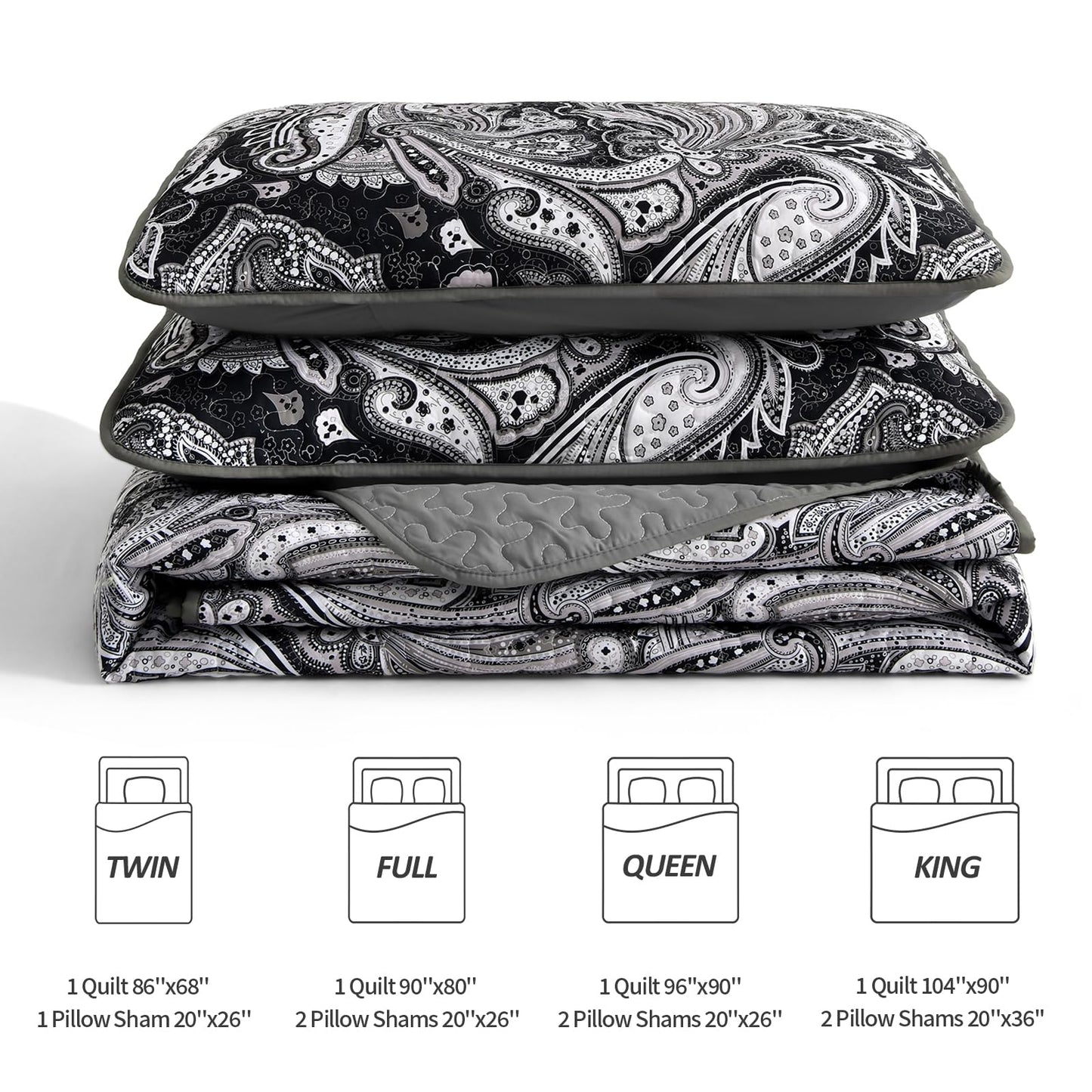 DJY Black Paisley Quilt Set Full Size Boho Bedspread Coverlet Set 3 Pieces, Soft Lightweight Black and Gray Paisley Floral Pattern Bedding for All Season, 90''x80''