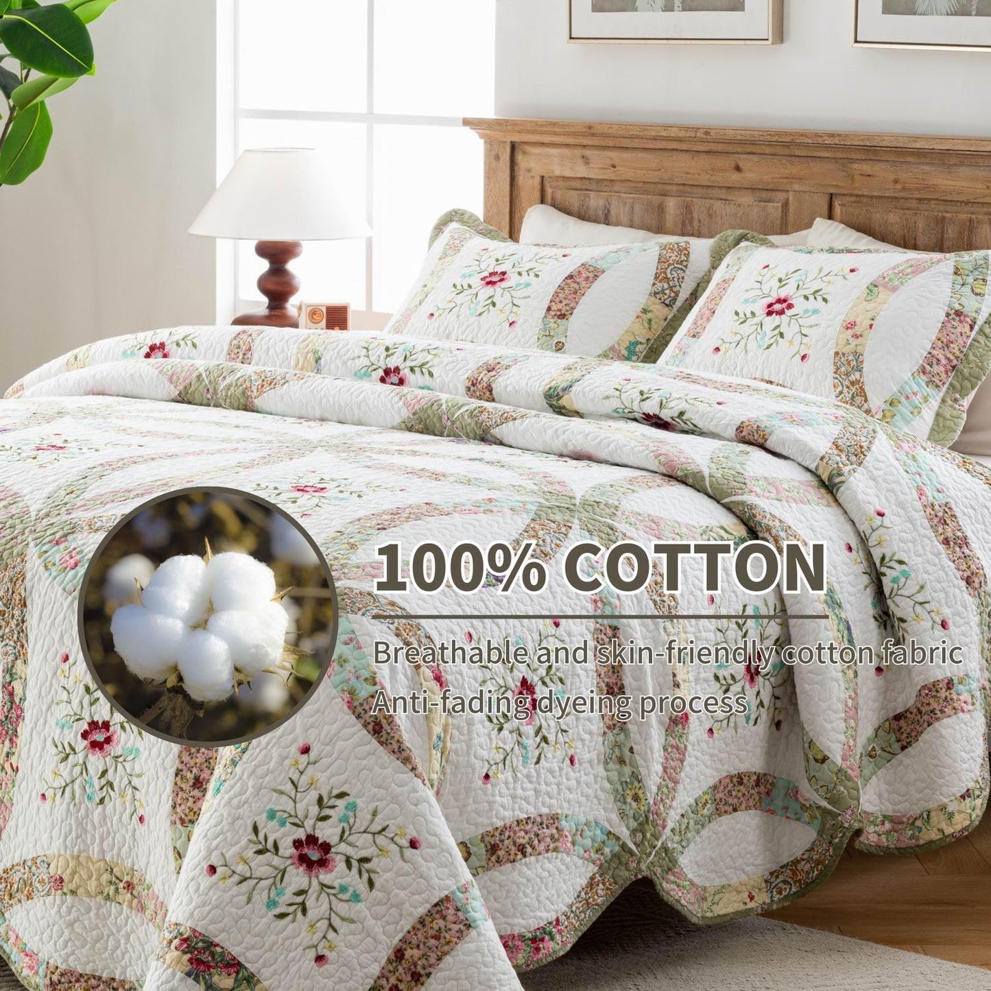 meadow park Cotton Real Patchwork Embroidery Quilt Set 3-Piece. 100% Washed Cotton. 376 Hand Cut Patches. Embroidery and Allover Quilting. Reversible Coverlet Set. (Queen)