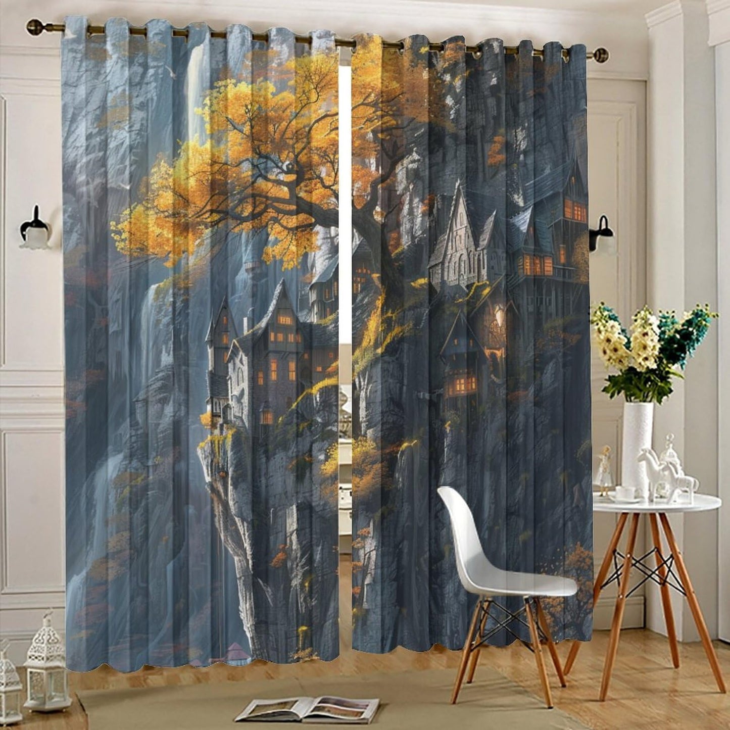 TOWINSFB Autumn Tree Cabin Landscape Blackout Curtains for Bedroom/Living Room, Retro Rustic Forest Mountain Grommet Curtains Thermal Insulated Window Drapes, 2 Panels, Each 21W x 63L