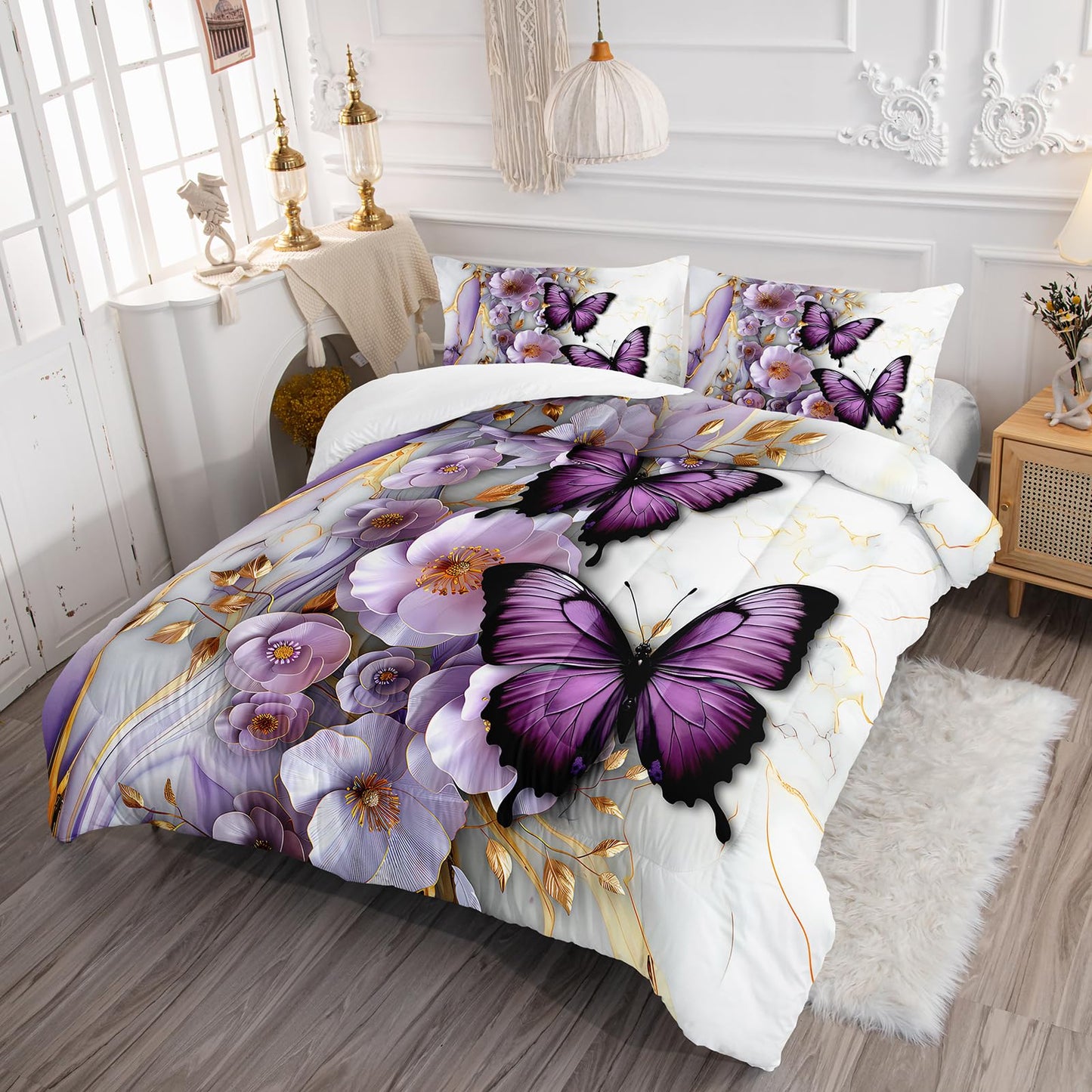 AILONEN Purple Floral Butterfly Comforter Set Twin Size,Gold White Marble Flower Bedding Set for Kids Girls Women,1 Quilt with 2 Pillowcases-3 Pieces