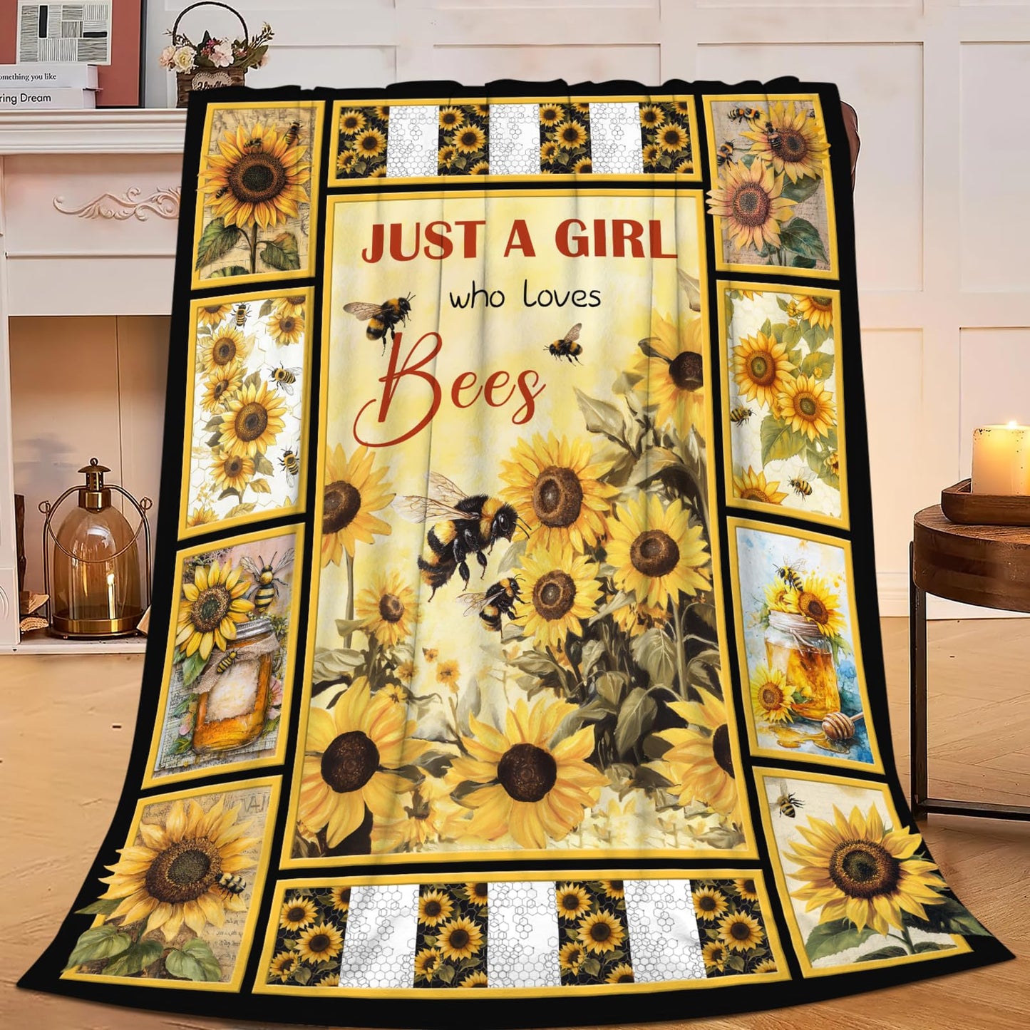 Bee Blanket for Boys Girls, Bee Sunflowers Flannel Throw Blanket, Fleece Soft Cozy Stuff Blankets Gift for Women Men Couch Sofa Bed 50" x 40"
