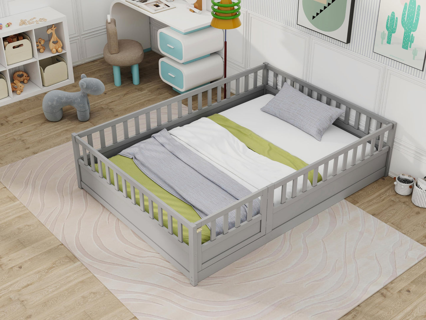 KEIKI Full Kids Floor Bed, Montessori Kids Floor Bedframe with Fence & Door, Children's Wood Bed for Living Room, Gray