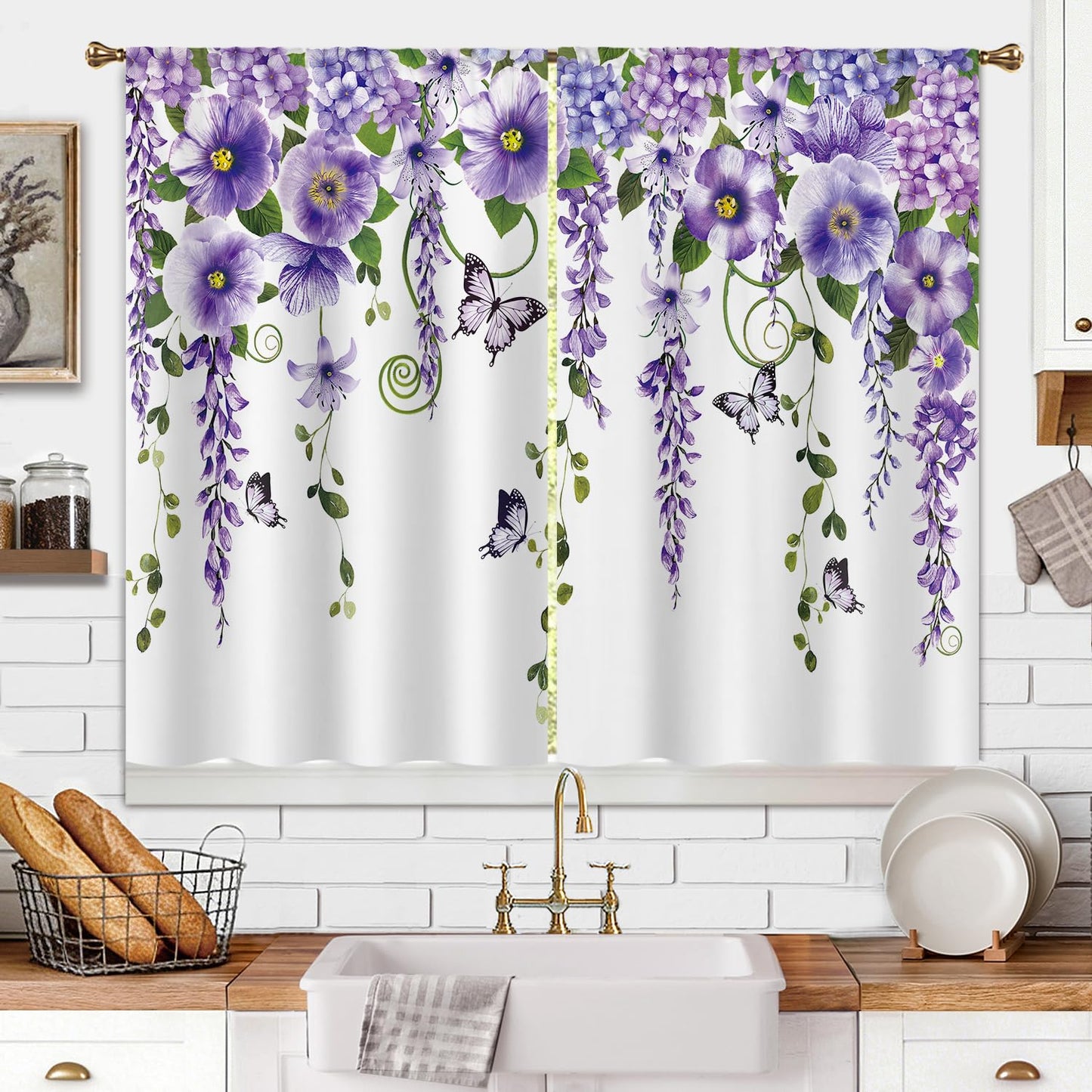Cizuug Purple Floral Butterfly Lavender Kitchen Curtains Purple Floral Farmhouse Country Drapes Rod Pocket Spring Lilac Flower Summer Small Short Cafe Tier Curtain for Bathroom 2 Panels (27.5x39Inch)