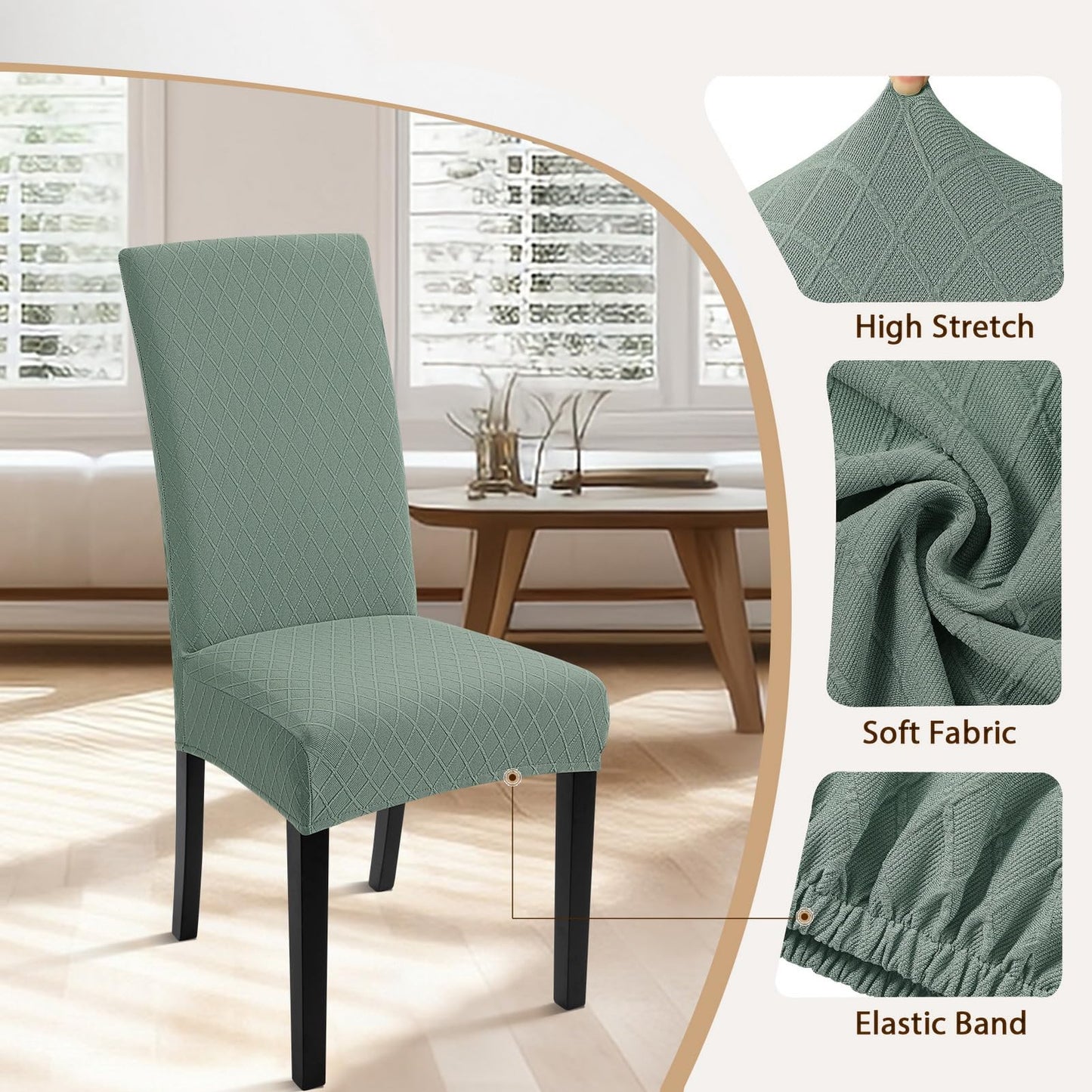 SearchI Dining Room Chair Covers Set of 4, Stretch Jacquard Parsons Chair Slipcovers Removable Washable Kitchen Chair Protector Cover for Dining Room, Hotel, Ceremony (Sage Green Rhombus)