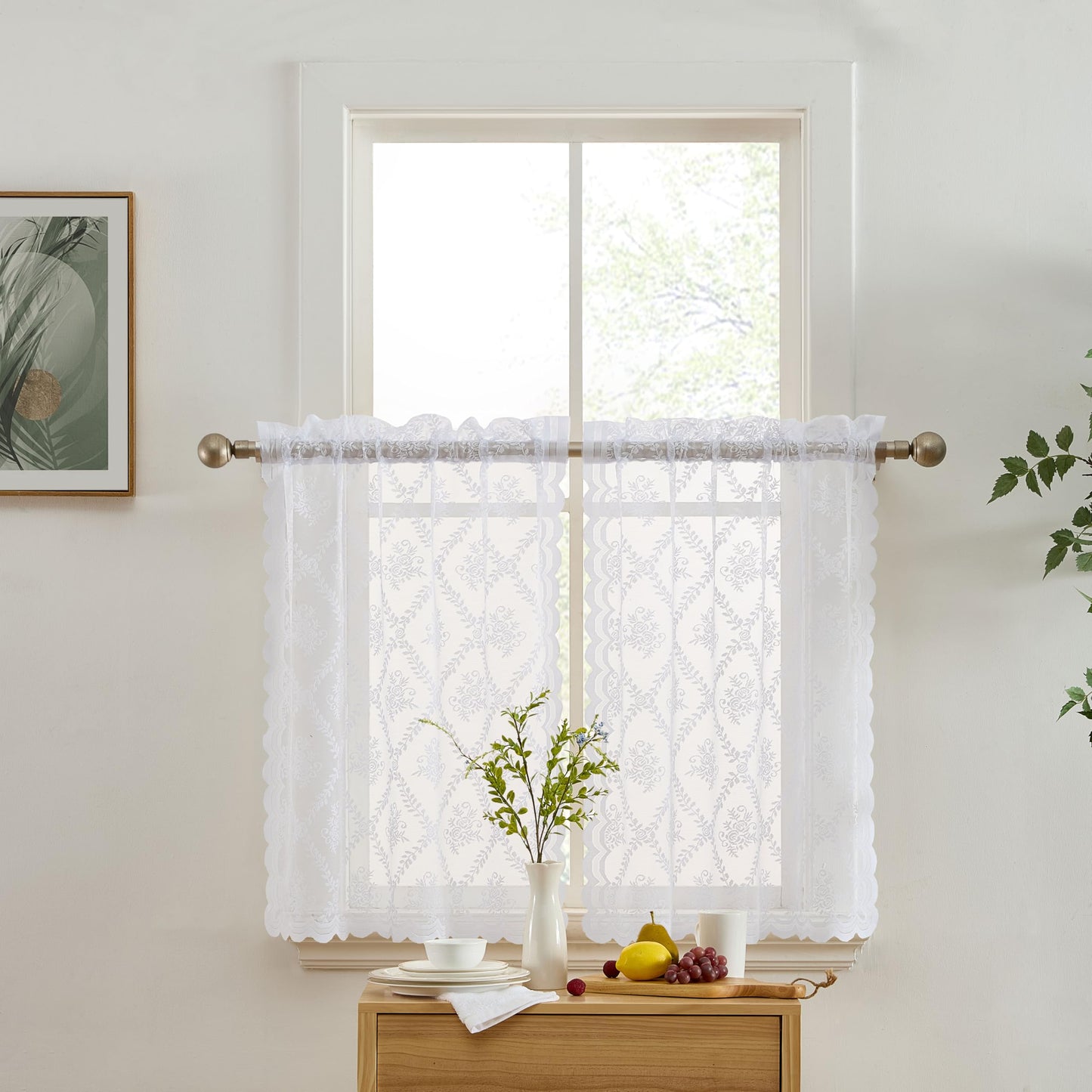 HLC.ME Isabella Floral Rod Pocket Lace Semi Sheer Voile Short Cafe Tiers for Small Windows - 28 x 36 Inch Length (White Tiers, Set of 2)