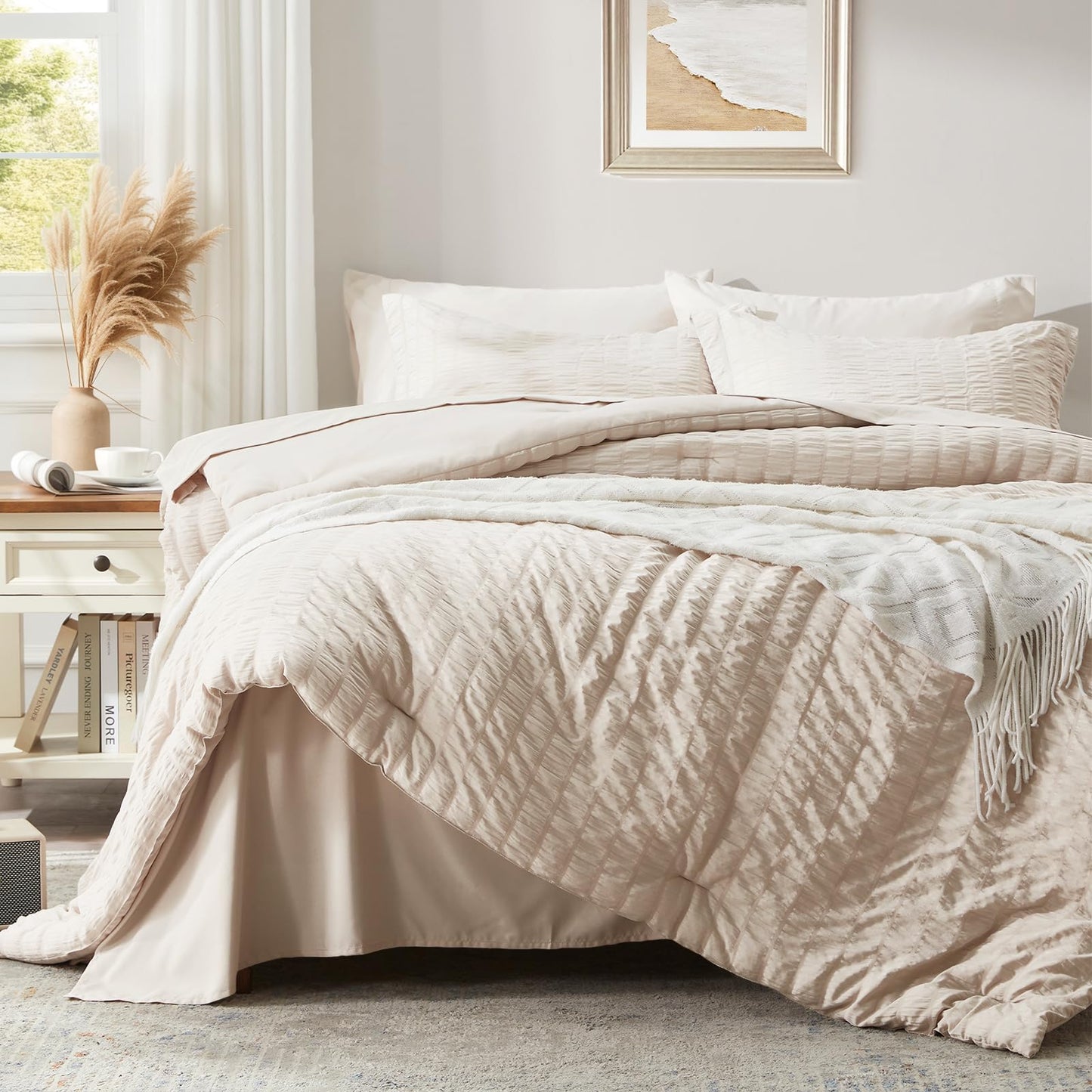 Zzlpp Beige Queen Comforter Set 7 Pieces, Seersucker Bed in a Bag for Bedroom, All Season Bedding Sets with 1 Comforter, 2 Pillow Shams, 2 Pillowcases, 1 Flat Sheet, 1 Fitted Sheet