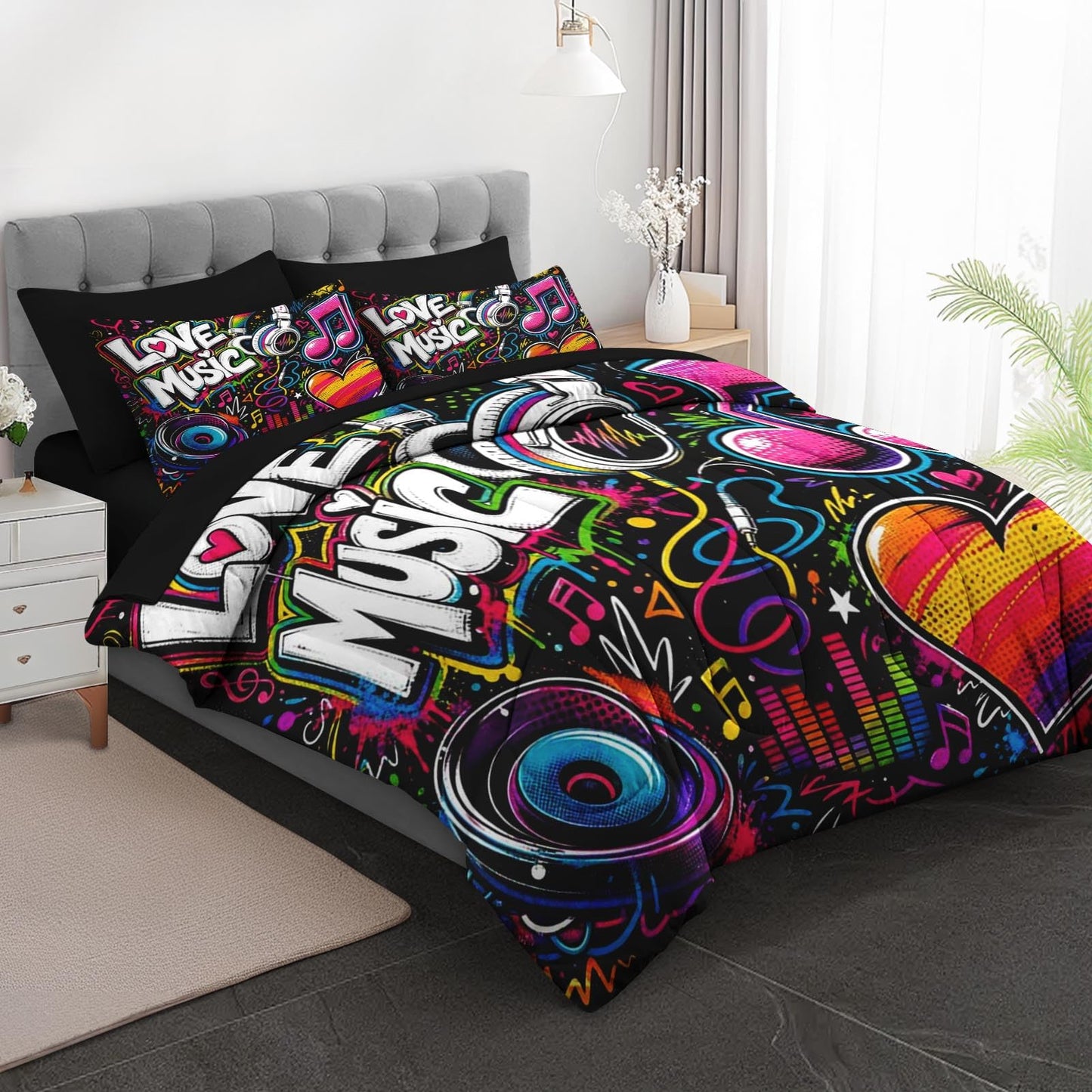 Boewywh Comforter Set Twin Size Music Graffiti Heart 5 Pcs, Bedding for Kids and Adults, Bed Sheet Sets with Fitted Sheet Pillowcase & Sham for Bedroom Bed Decor
