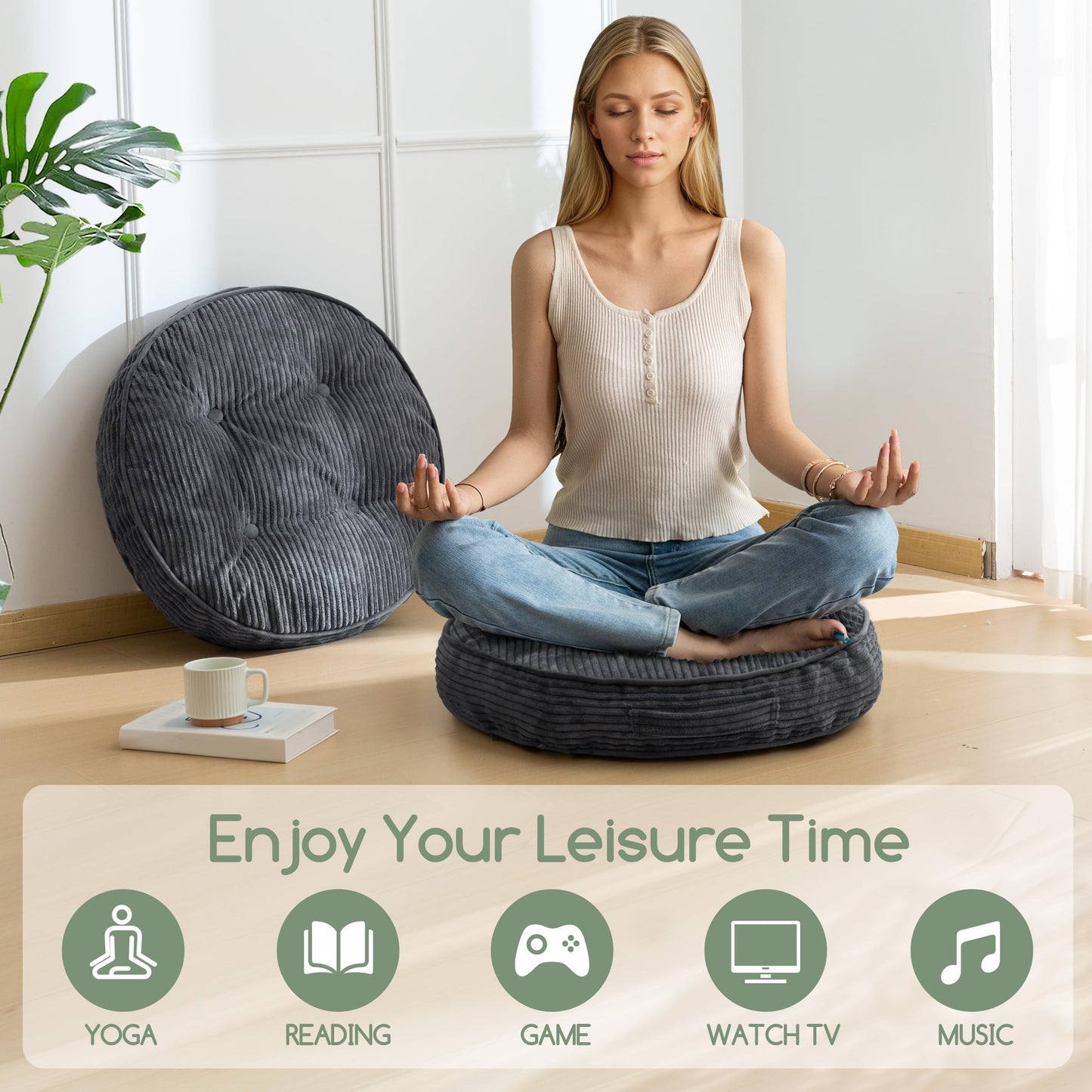 HIGOGOGO Floor Pillow Cushion for Adults, Meditation Cushion Pillow, Large Round Floor Sitting, Removable Tufted Corduroy Cover, for Tatami Living Room or Yoga, 22x22 Inch, Dark Grey