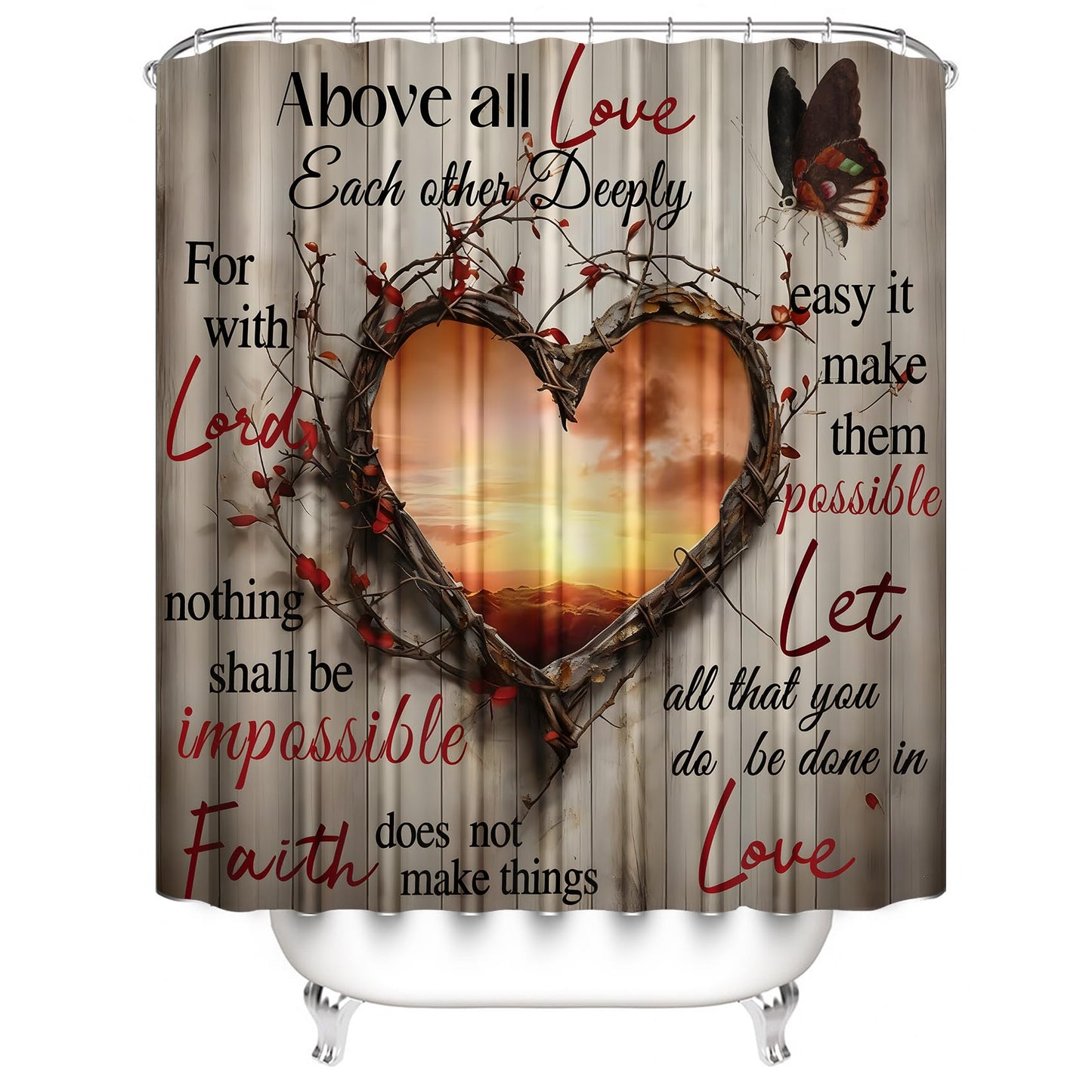 AZHM Sunset Love Heart Shower Curtain Set 4 PCS Inspirational Quote Bathroom Rug Set with Shower Curtain and 12 Hooks