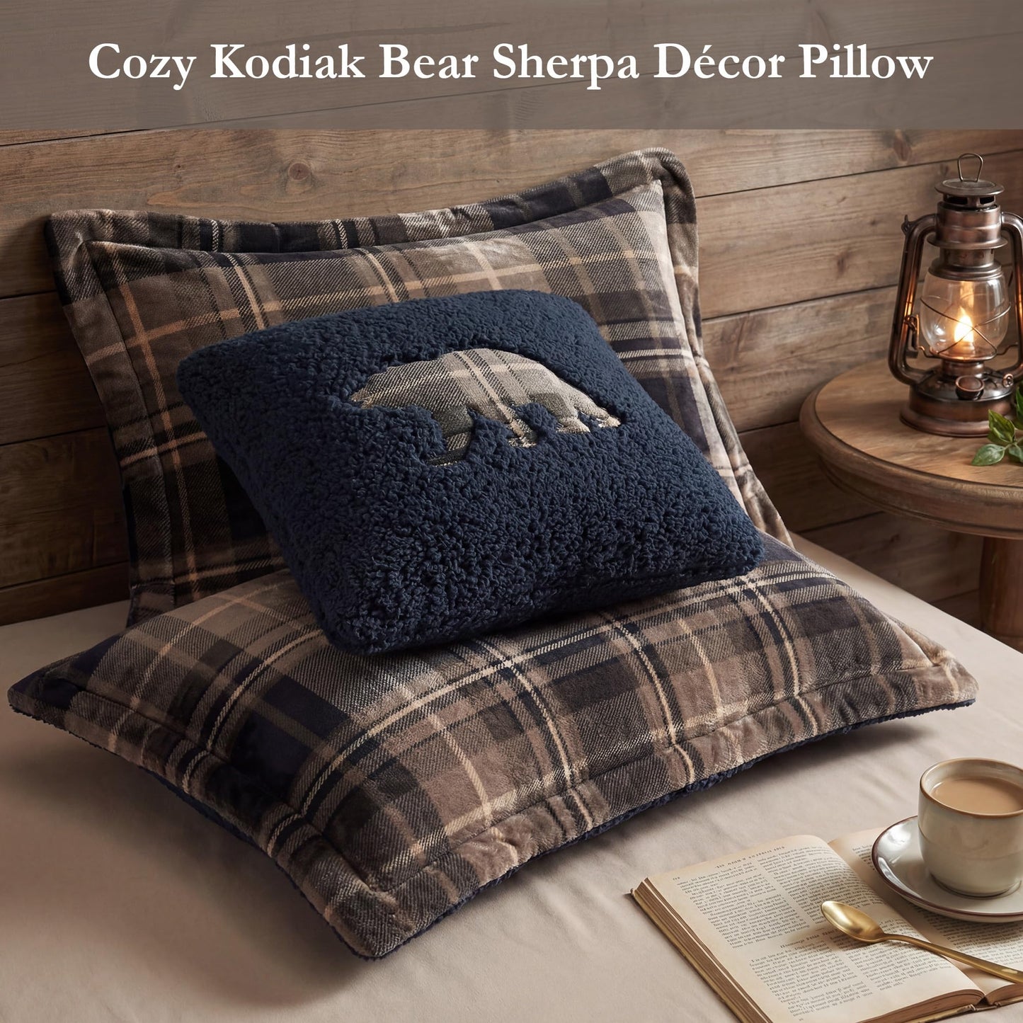 Woolrich Reversible Comforter Set Ultra Soft Plush to Sherpa, Down Alternative, Cold Weather Winter Warm Bedding, with Matching Sham, Decorative Pillow Brown/Black Full/Queen 4 Piece