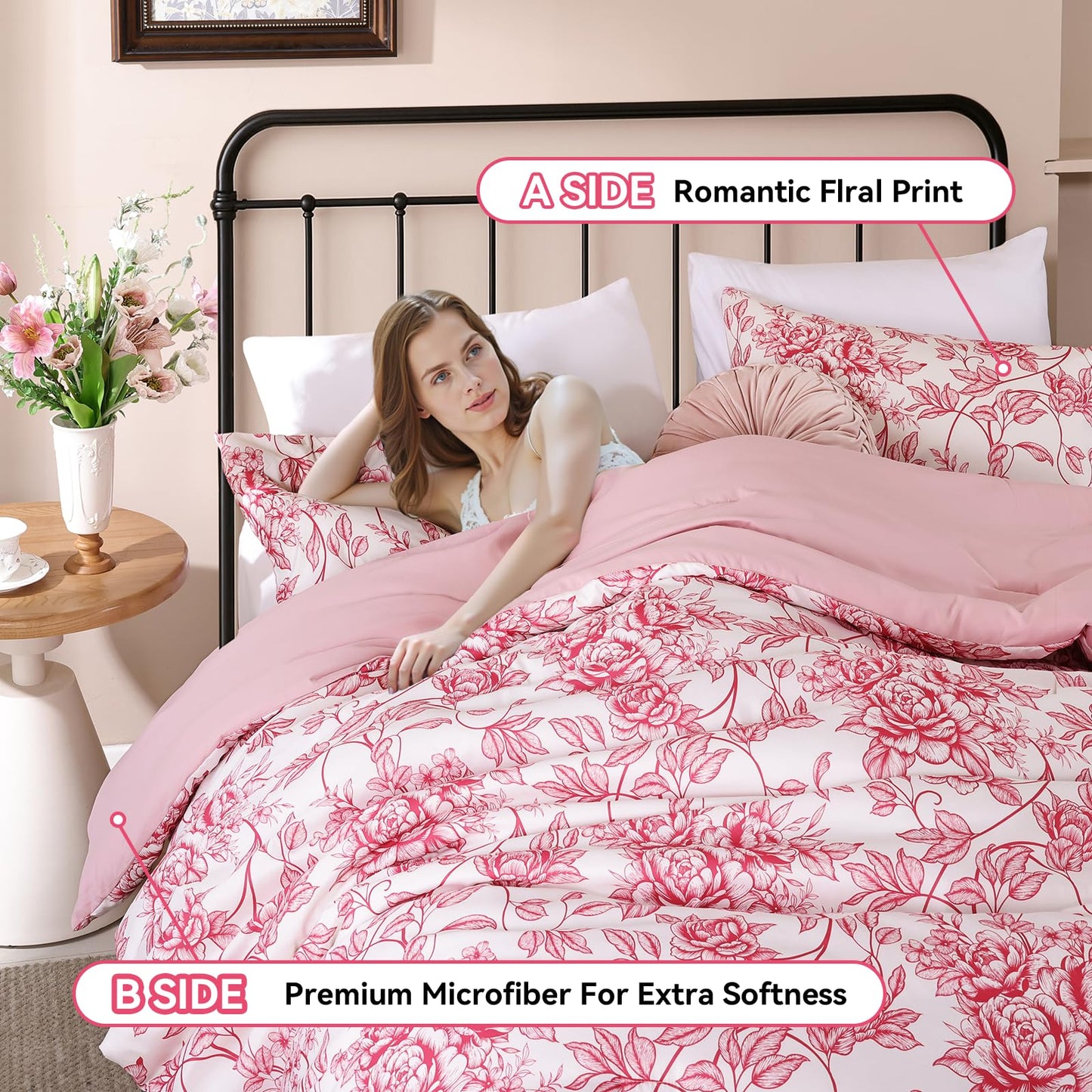 JANZAA King Size Comforter Set - Pink Floral Comforter, 3 Piece Cute Floral Bedding for All Season, 1 Soft Fluffy Breathable Microfiber Comforter Set with 2 Pillow Shams