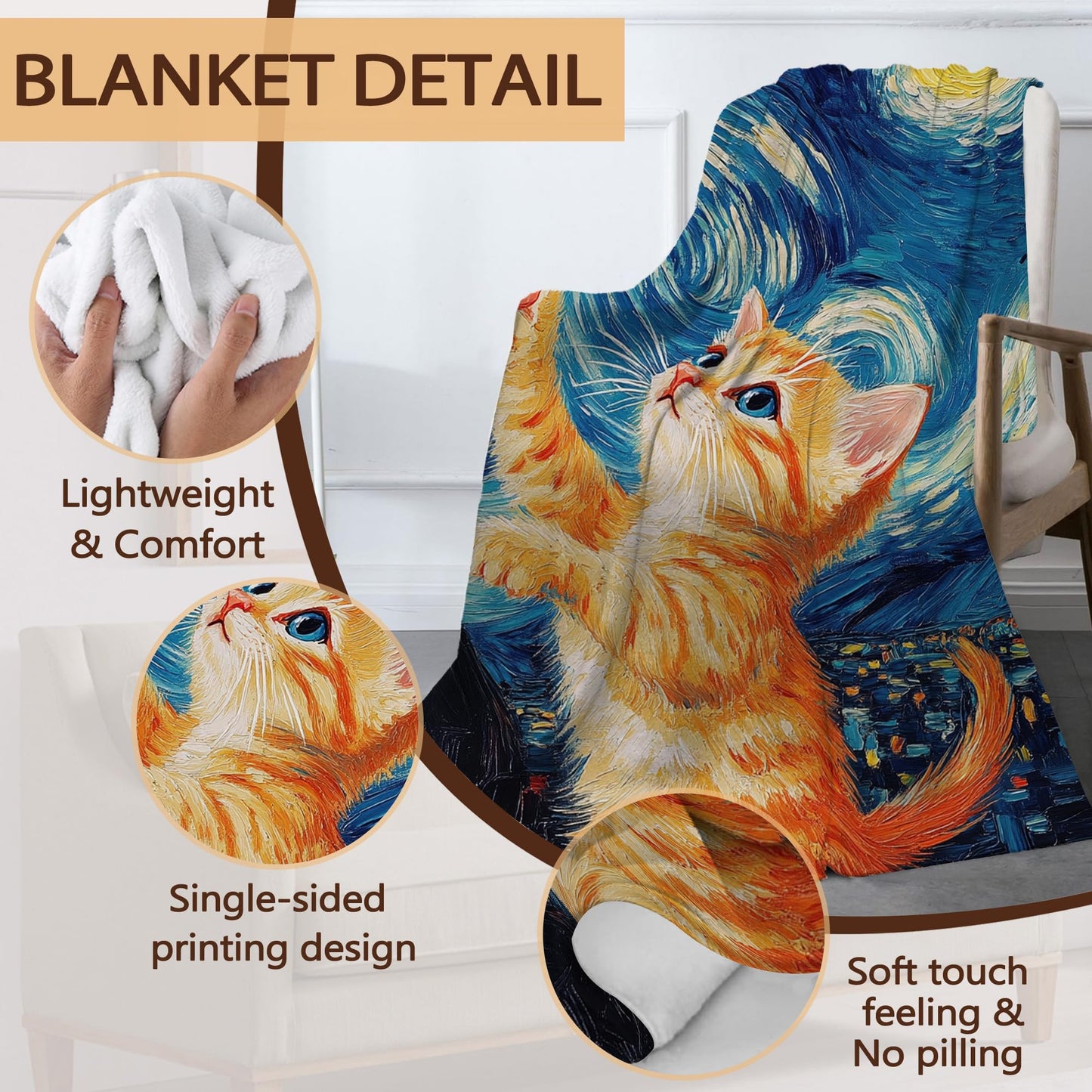 Throw Blanket for Couch,Cute Cat Plush Fall Throw,Blue Starry Sky Soft Fluffy Blanket for Sofa Decoration,Flannel Fleece Blanket for Naps,Reading,Traveling,Camping,50 X 60 Inch
