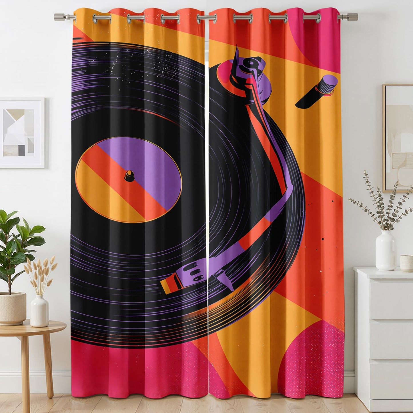 Mistwalk Vinyl Record Blackout Curtains for Bedroom & Living Room, 45 Inch Curtains 2 Panel Set, Room Darkening Thermal Insulated Grommet Drapes, Retro 80s Music Lover Patterned Window Treatments