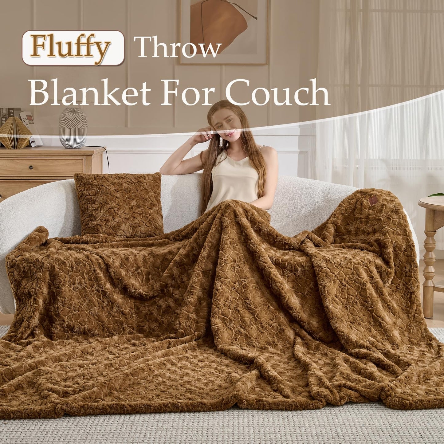Faux Fur Rabbit Throw Blanket,Super Soft Plush Thick Warm Blanket,Fuzzy Luxury Plush Decorative Blanket for Couch Bed Sofa-Brown(50 * 60inch)