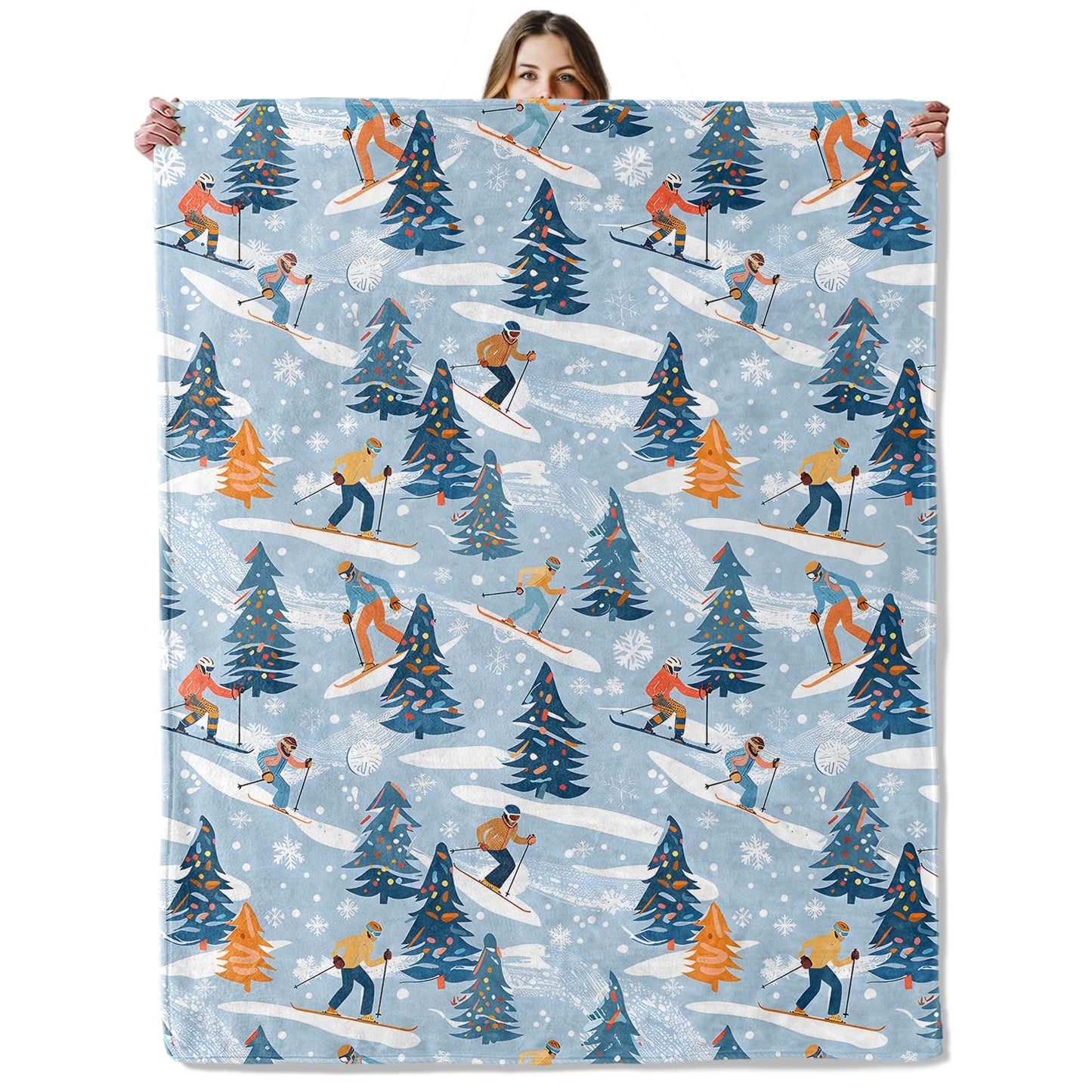 Winter Skiing Throw Blanket for Girls Boys Kids Adults, 50x60 in, Cozy Flannel Blanket for Bedroom, Camping, Couch, Room Decor, Fuzzy Warm Soft Gifts