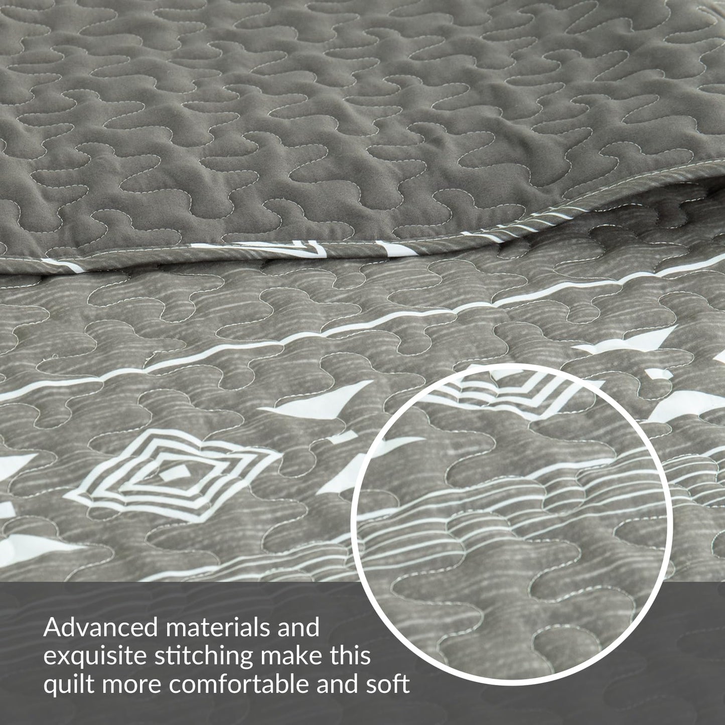 Whale Flotilla Full Queen Size Quilt Set - Reversible Grey Quilts Queen Size with 2 Pillow Shams, Lightweight Boho Striped Bedspreads Coverlet Bedding Set for All Seasons