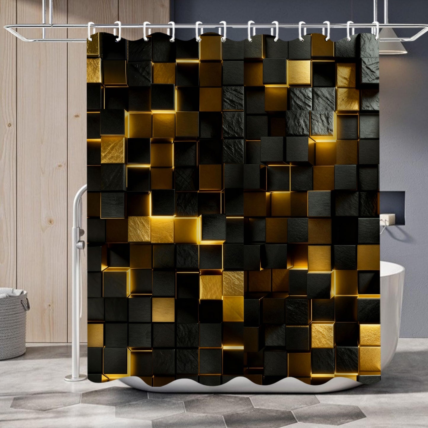 LQCOOL 4Pcs Black and Gold Shower Curtain Set 3D Cubes Bathroom Sets Modern Shower Curtain Set for Bathroom Sets with Rugs and 12 Hooks