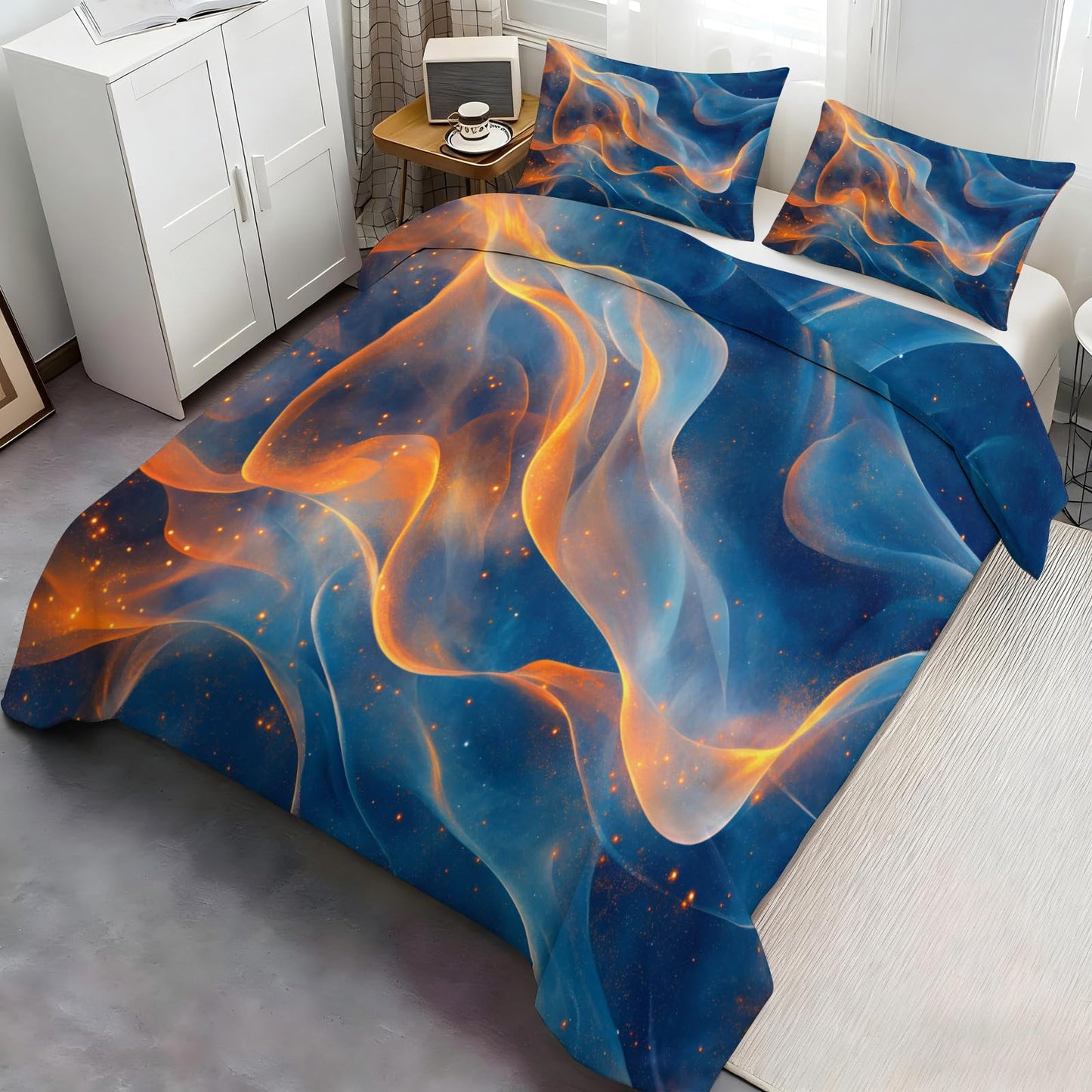 GKPLY Blue Bedding Duvet Cover, Golden Comforter Set with Zipper, Abstract Duvet Cover Twin, 3 Pieces with 2 Pillowcases, Reversible Bedding & Bedroom Decor, Easy Care