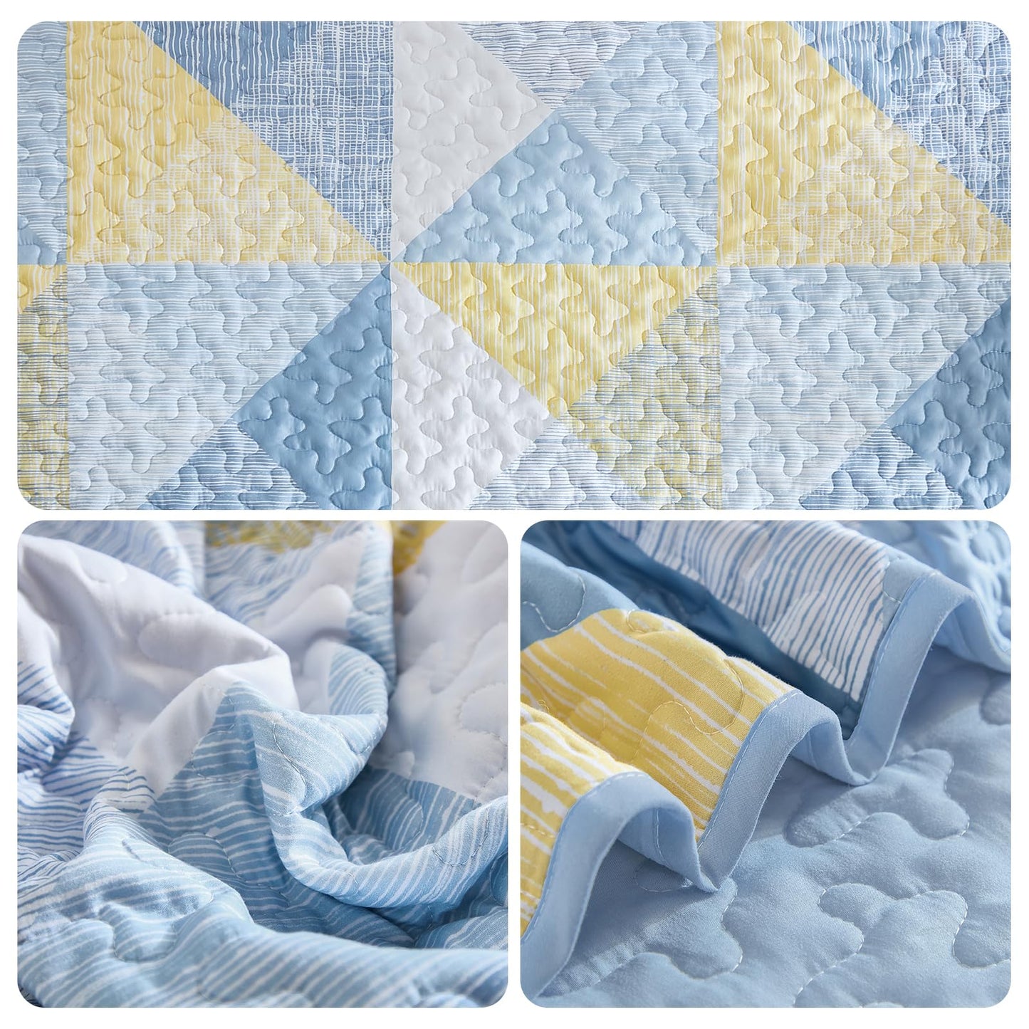 Dintszyayue Quilt Queen Size, 3 Pieces Patchwork Blue Yellow Bedspread Bedding, Soft Lightweight Microfiber Geometric Coverlet Set for All Spring Quilt with 2 Pillowcases90 x96