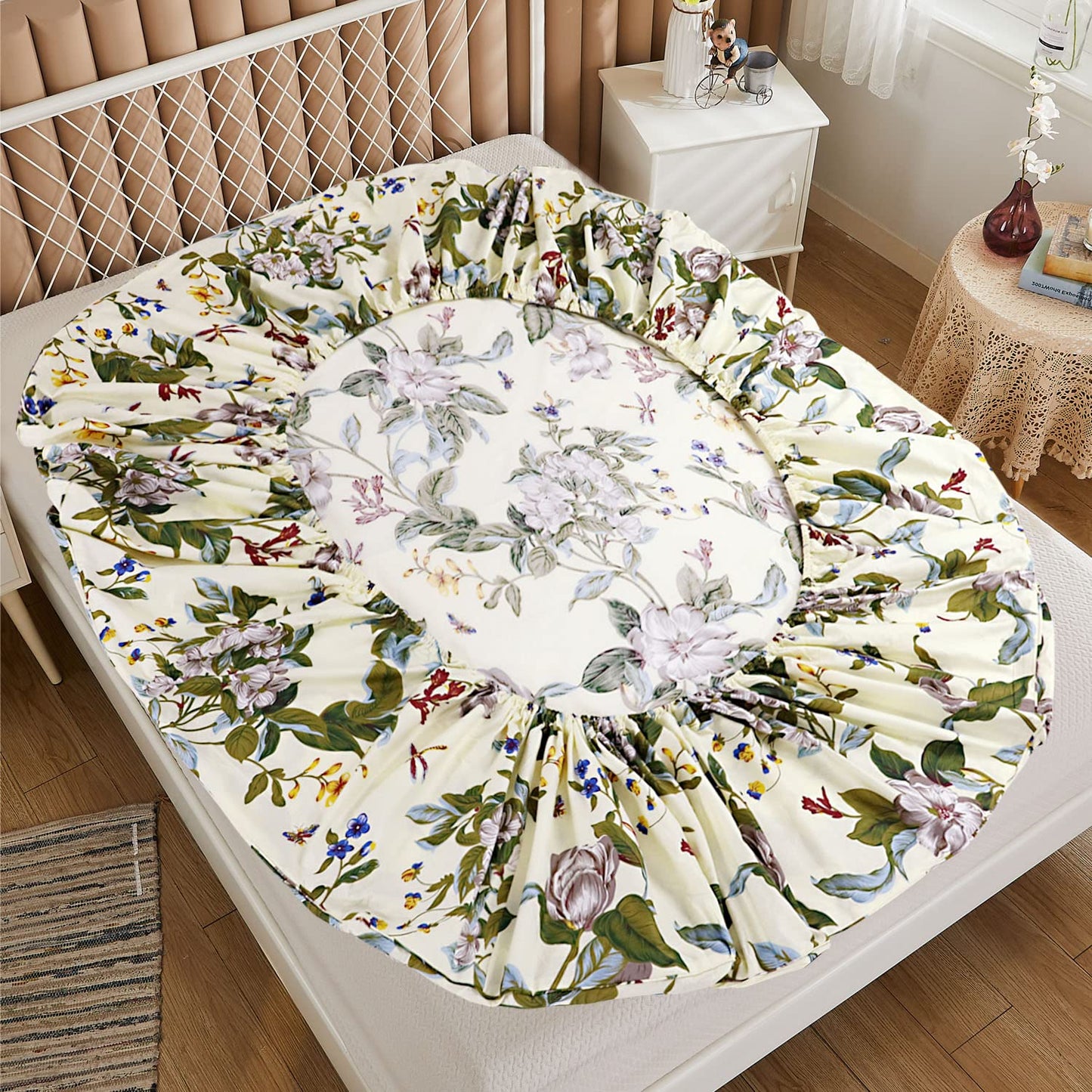 FADFAY Shabby Floral Sheets California King 100% Cotton 600 TC White Flower and Green Leaves Bedding Vintage Garden Botanical Print Country Side Bed Sheet Soft Hypoallergenic Deep Pocket Sheet 17.5''