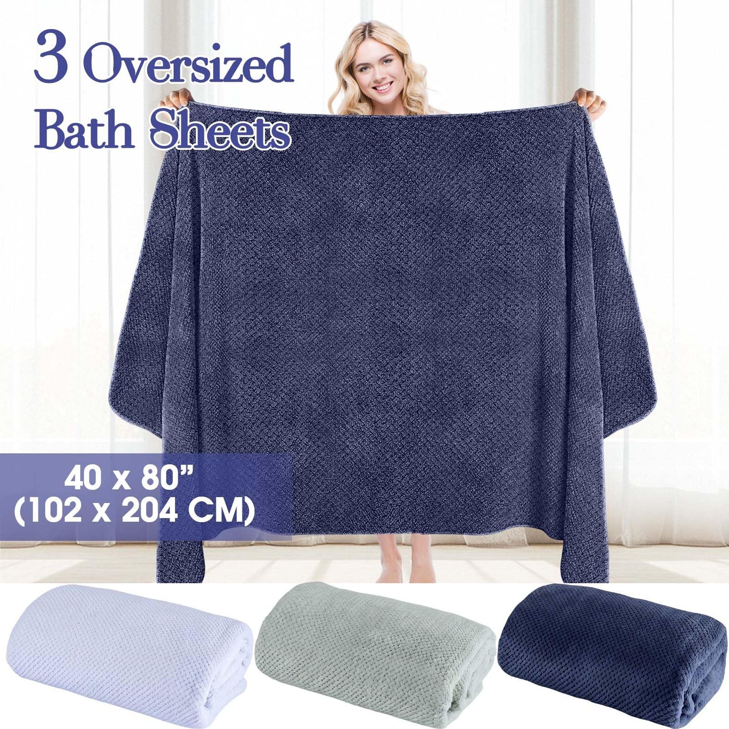 Moukeren 3 Pcs Oversized Bath Towel Set 40'' x 80'' Extra Large Microfiber Bath Sheets Jumbo Quick Dry Coral Fleece Absorbent Towel for Shower Beach Yoga Spa Body(Blue,Green)