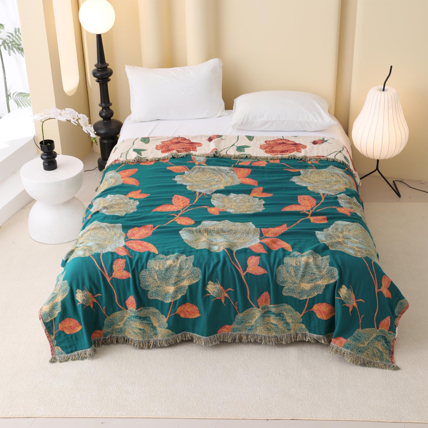 BRYALIX 100% Cotton Muslin Floral Throw Blanket, Red Rose Pattern, Lightweight Quilt, Boho Farmhouse Decorative Fringed Reversible Jacquard Throw for Home, Picnic, Travel, 60"x80"