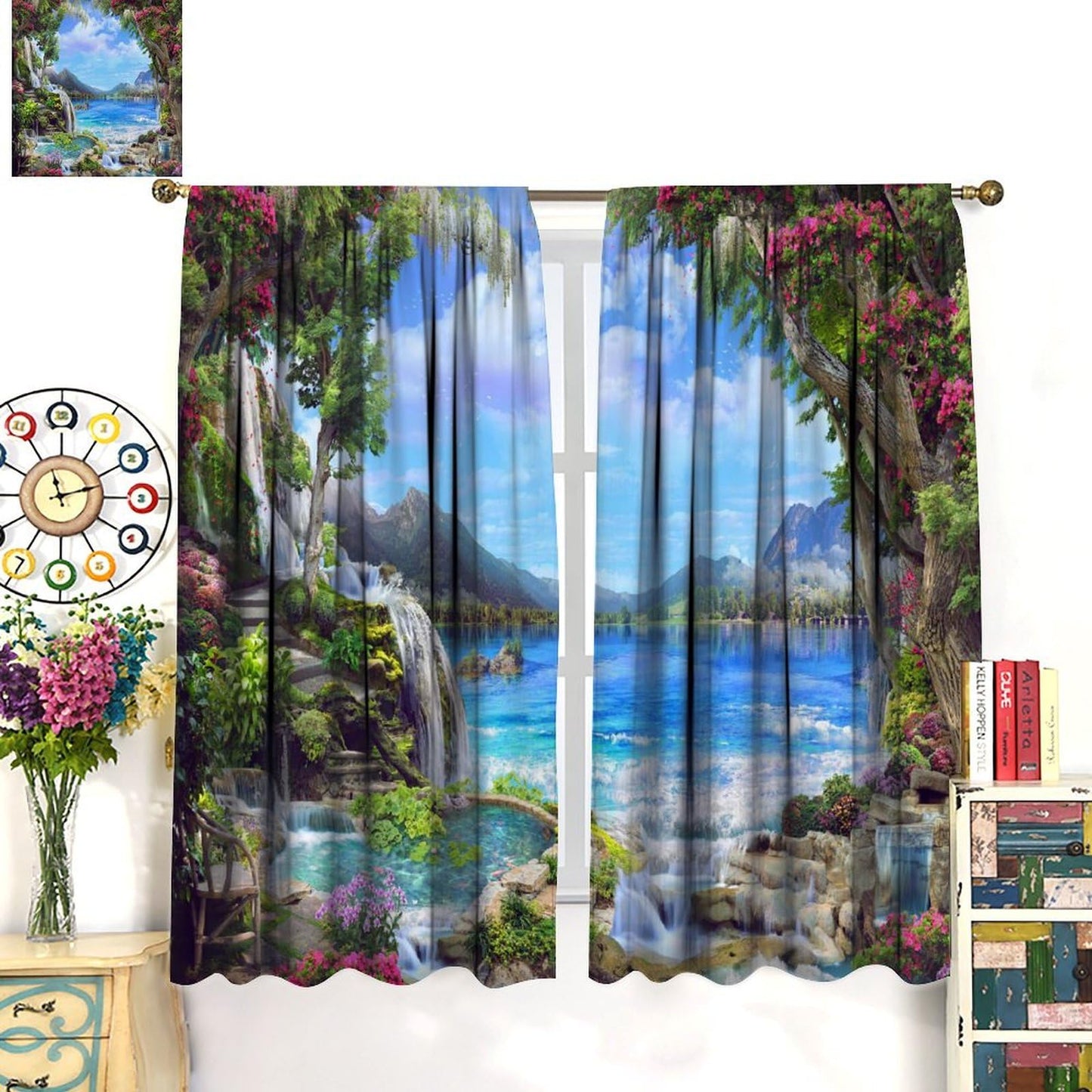 Forest Landscape Curtains, Nature Waterfall Scenery Floral River Falls Style Window Drapes, for Living Room Bedroom 42" W X 45" L (Decorative)