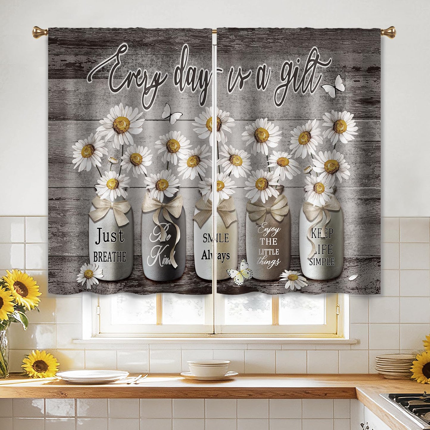 Cizuug Farmhouse Daisy Kitchen CurtainsRustic Vintage Flower Inspirational Small Short Cafe Window Curtains Wooden Country Quotes Bathroom Tier Window Treatment Drapes 2 Panels