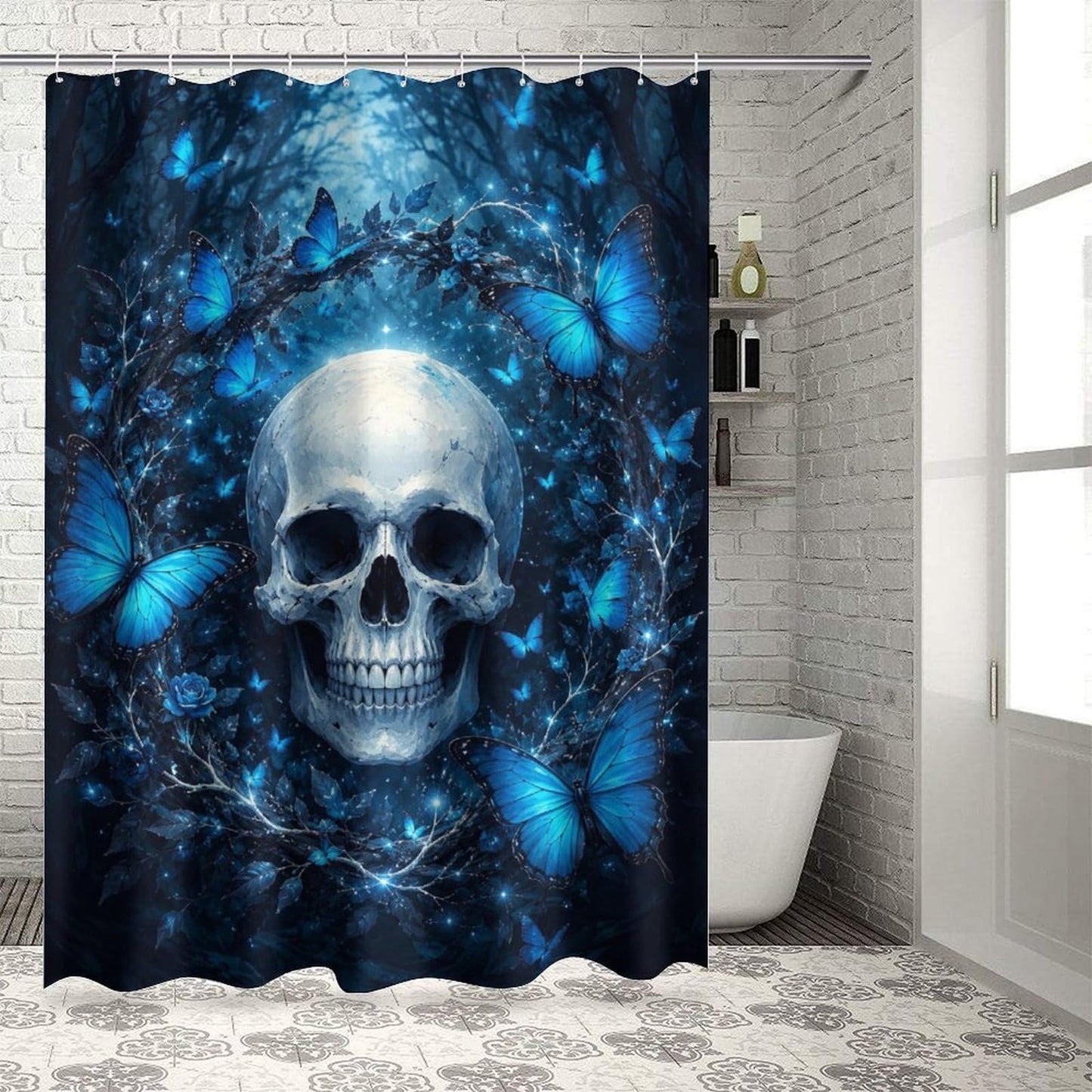 bladesgsd Blue Mystical Skull Forest Shower Curtain with 12 Hooks 60x72Inch, Polyester Bathroom Curtain, Privacy Shower Curtain for Bathtub, Shower Stall, Apartment, Guest Bathroom