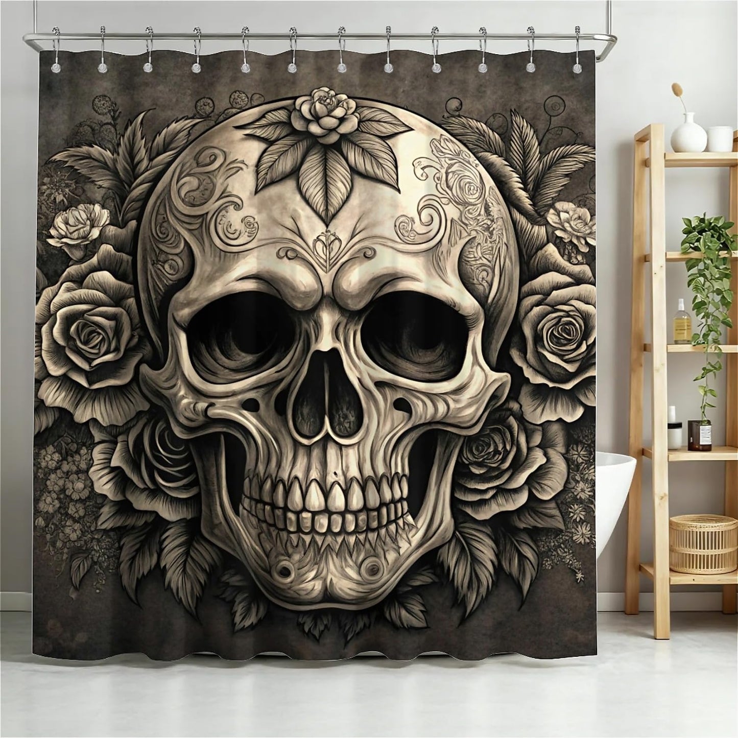 TANGXUNFA Flowers-Skull-1 Shower Curtain for Bathroom, Water-Resistant Long Shower Curtain Set 72x72 Inch with Metal Grommets and 12 Metal Hooks