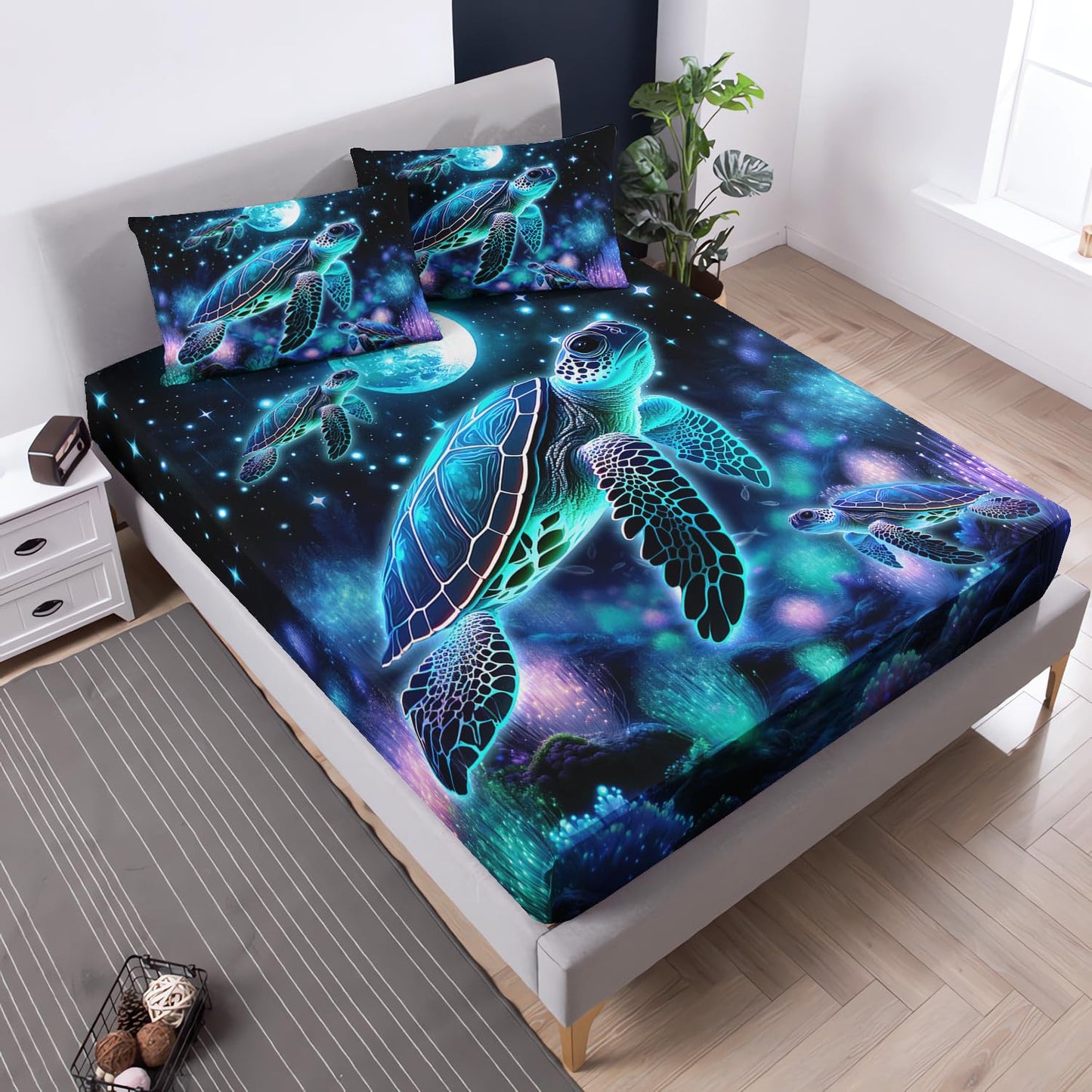 UEVBF Sea Turtle Fitted Sheet Kids Bedding Twin Size,Glowing Waterweed Moon Flash Fitted Sheet for Kids Boys Girls Room Decor,Coastal Reptile Animal Bedding Set,1 Fitted Sheet+2 Pillowcases.