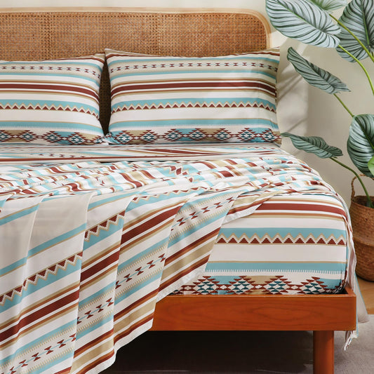 CozySmile 4 Pieces Queen Sheet Set Bohemian, Boho Sheets Soft Microfiber Deep Pocket, Western Sheets Geometric(Queen, Colorful Striped)