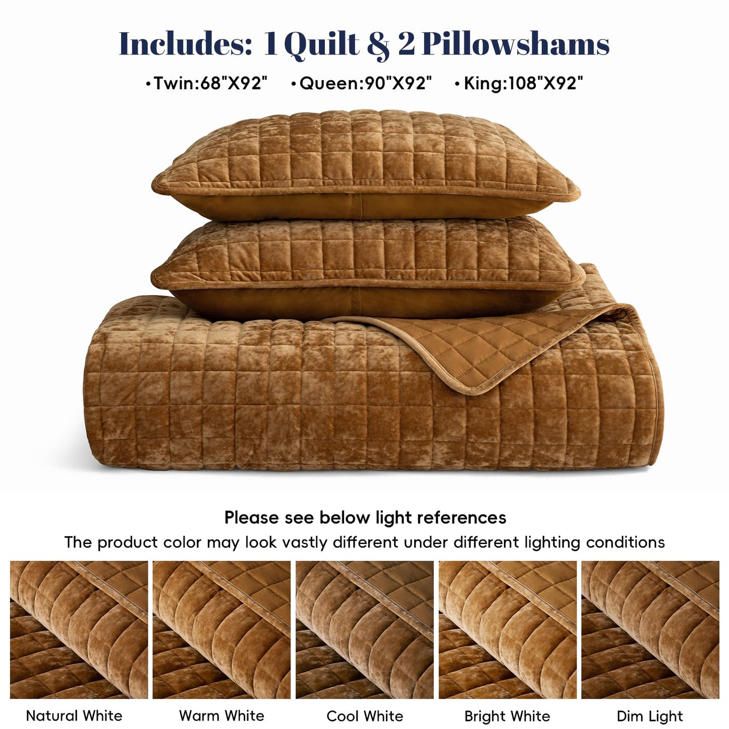 PHF Luxurious Velvet Quilt Set Queen Size – 3PCS Super Soft Quilted Comforter Alternative with Square-Box Quilt Pattern, Warm Quilted Bedspread Coverlet, 90" x 92", Rusty Burnt Orange