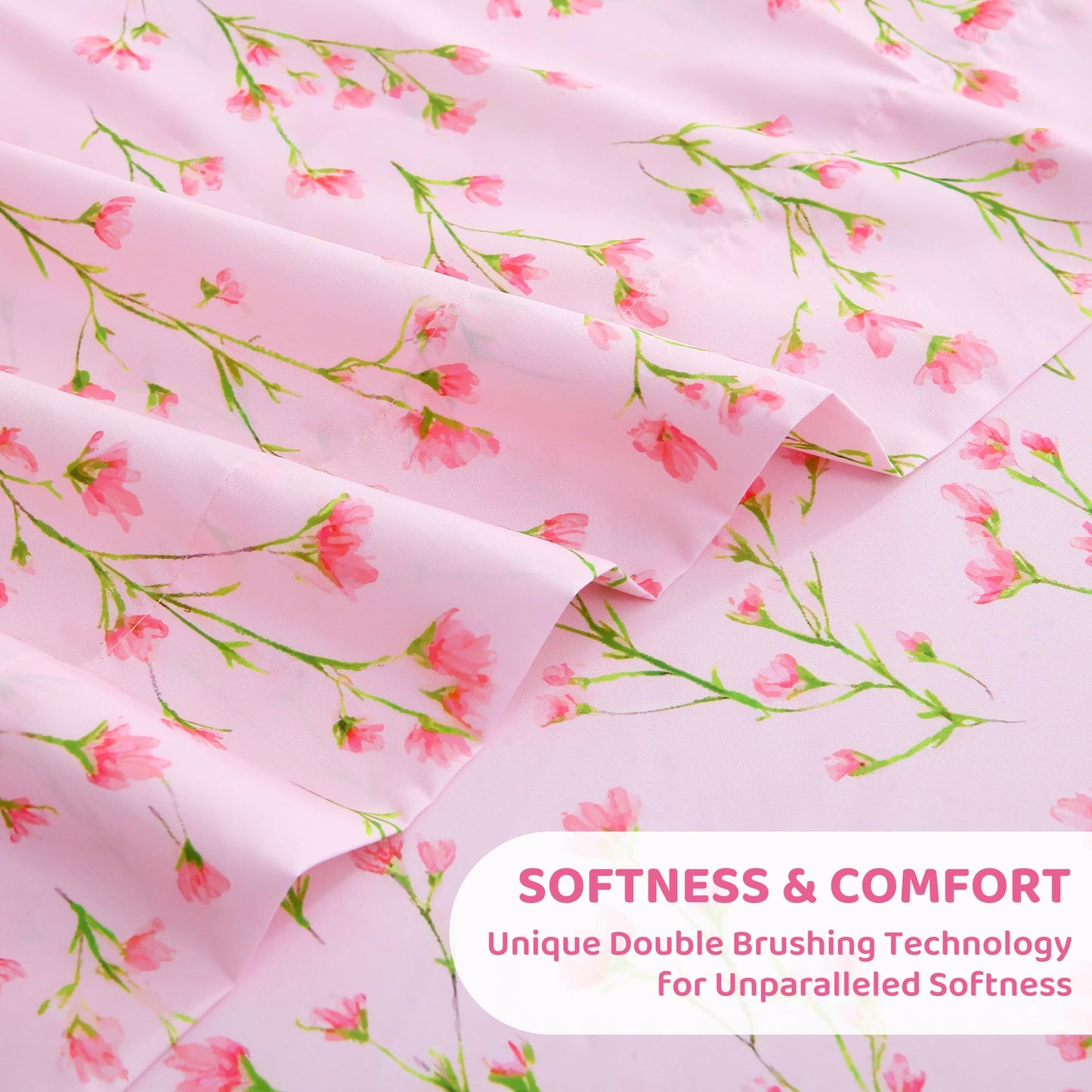 Mooreeke Cozy Floral Microfiber Printed Full Sheet Set - Soft & Breathable Pink Flowers Bed Sheets with Deep Pocket - Non-Slip Fitted Design - Pink Flowers with Green Branches Pattern - Full