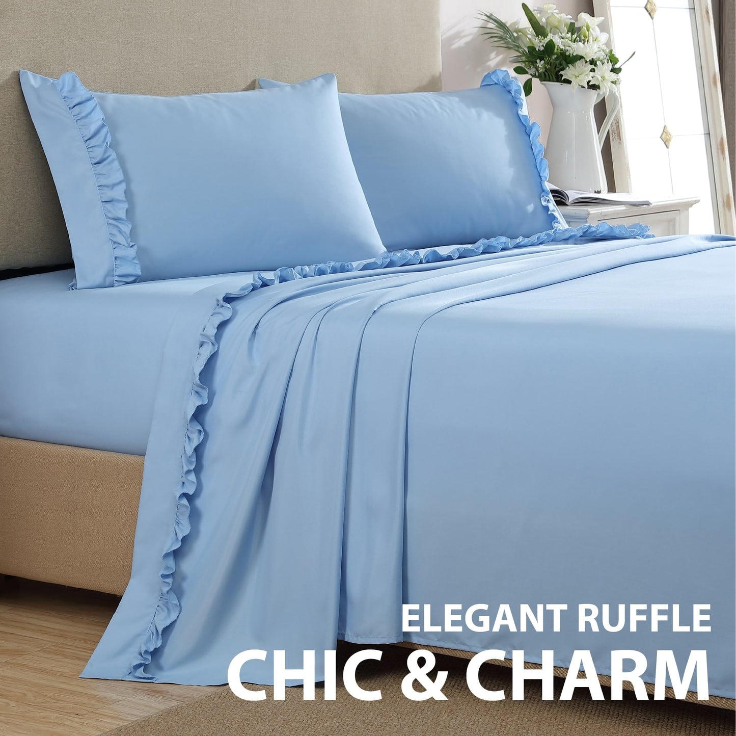 Swift Home Ultra-Soft Elegant 2-inch Ruffled Hem Design on Flat Sheet and Pillowcases, Wrinkle Resistant, Fade Resistant, Deep Pocket, Double Brushed 4-Piece Microfiber Sheet Set - King, Blue Bell
