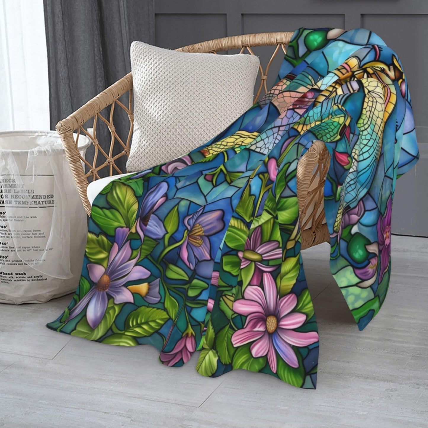 Generic Stained Glass Dragonfly Throw Blanket, Floral Dragonfly Themed, Soft Cozy Lightweight Plush, 50x60in