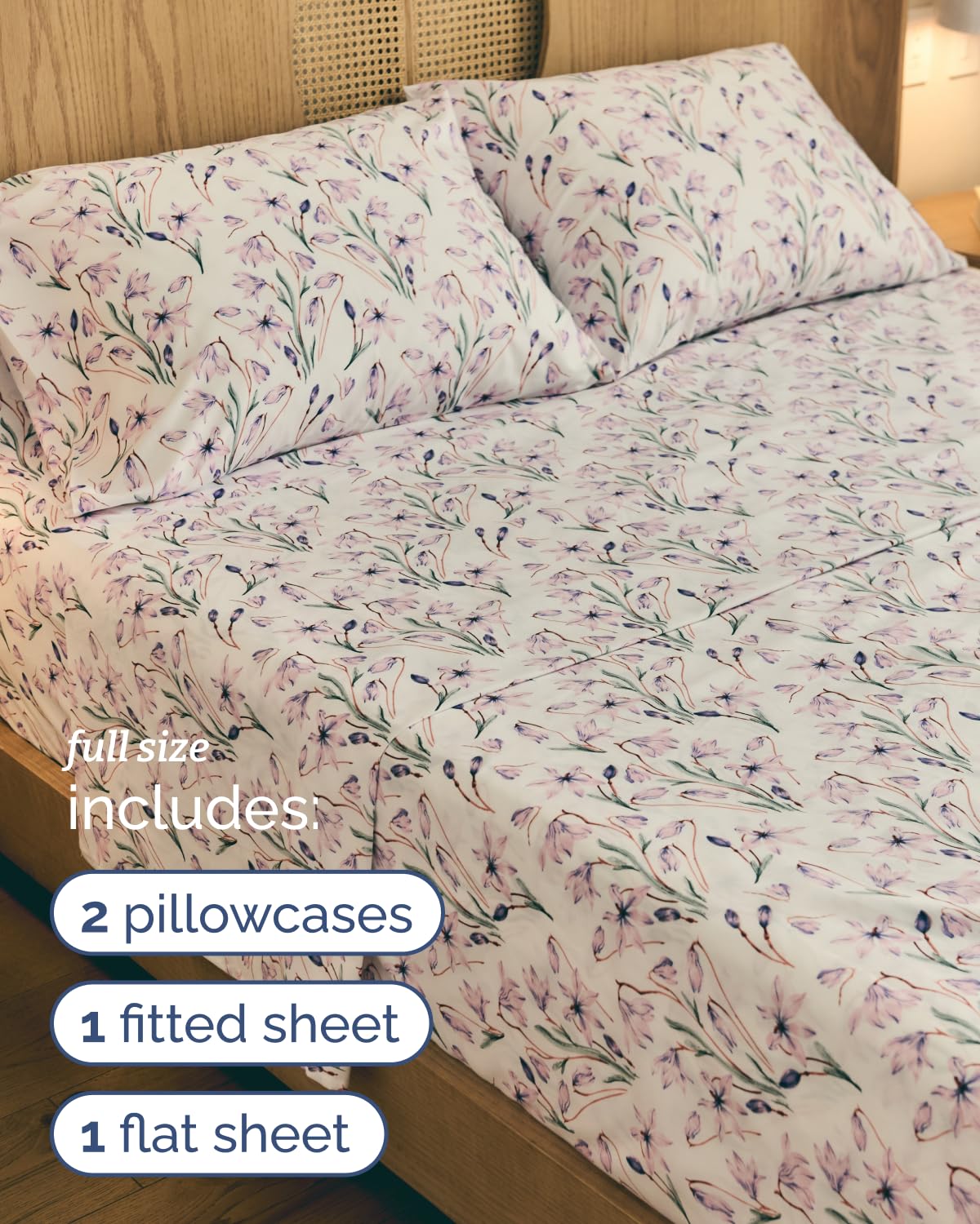 Floral Sheets - Pink Floral Bed Sheet Set - 1 Flat & 1 Fitted & 2 Pillowcases w/ Deep Pockets - Comfy, Wrinkle & Fade Free - Boho Botanical Bedding - Ultra-Soft, Breathable & Cooling - Full Size Set