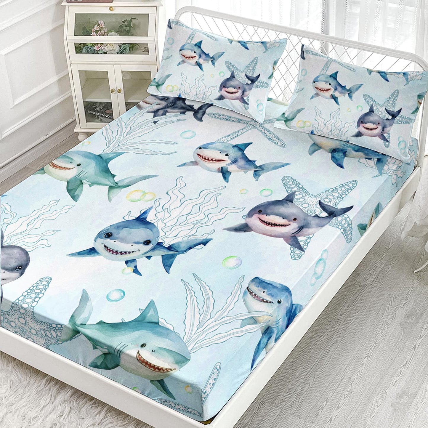 AILONEN Twin Bed Linen Set, Shark Pattern, Blue, 3 Piece Set (1 Fitted Sheet, 2 Pillowcases)
