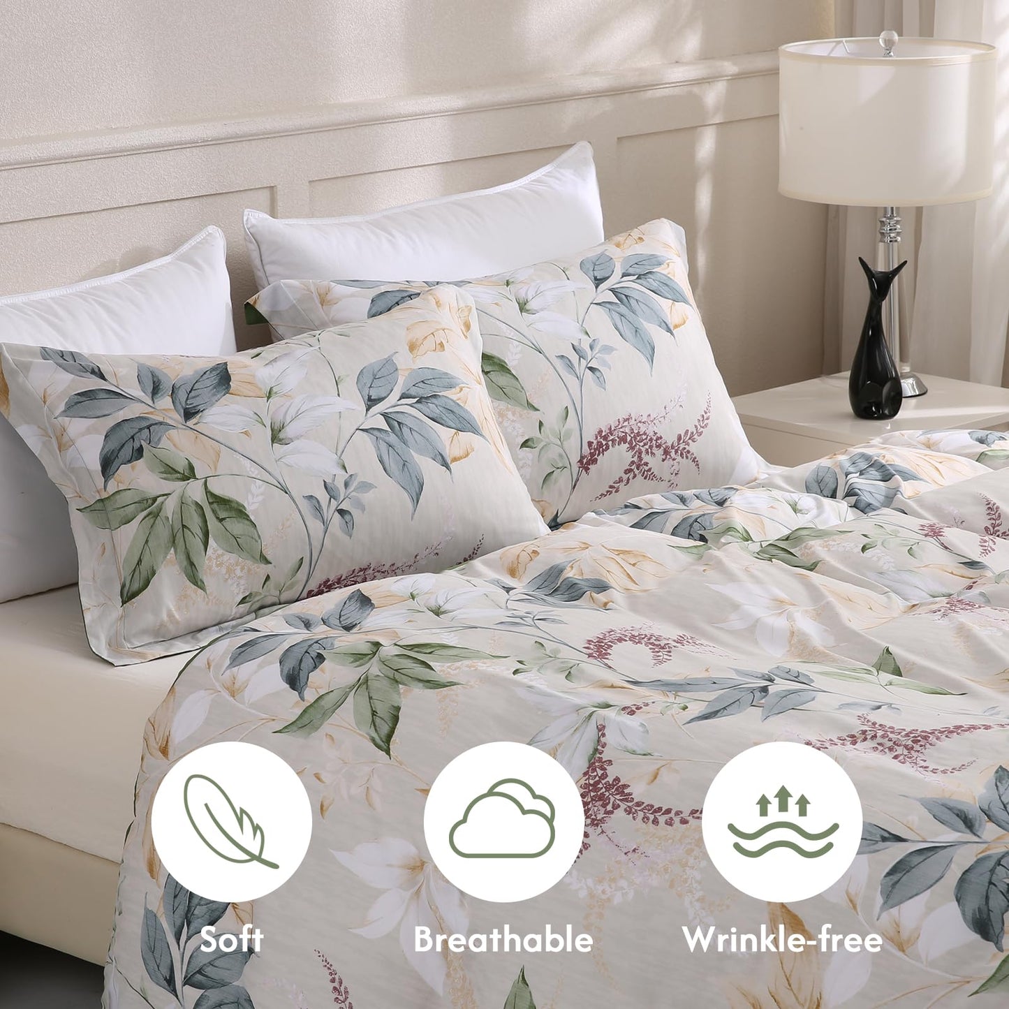LONAVA Queen Botaincal 3 Pcs Duvet Cover Set, Breathable Soft Microfiber Forest Green Lining Comforter Cover with Zipper Closure, and 2 Anti-Pilling, Fade Resistant Pillowcases, Lavender