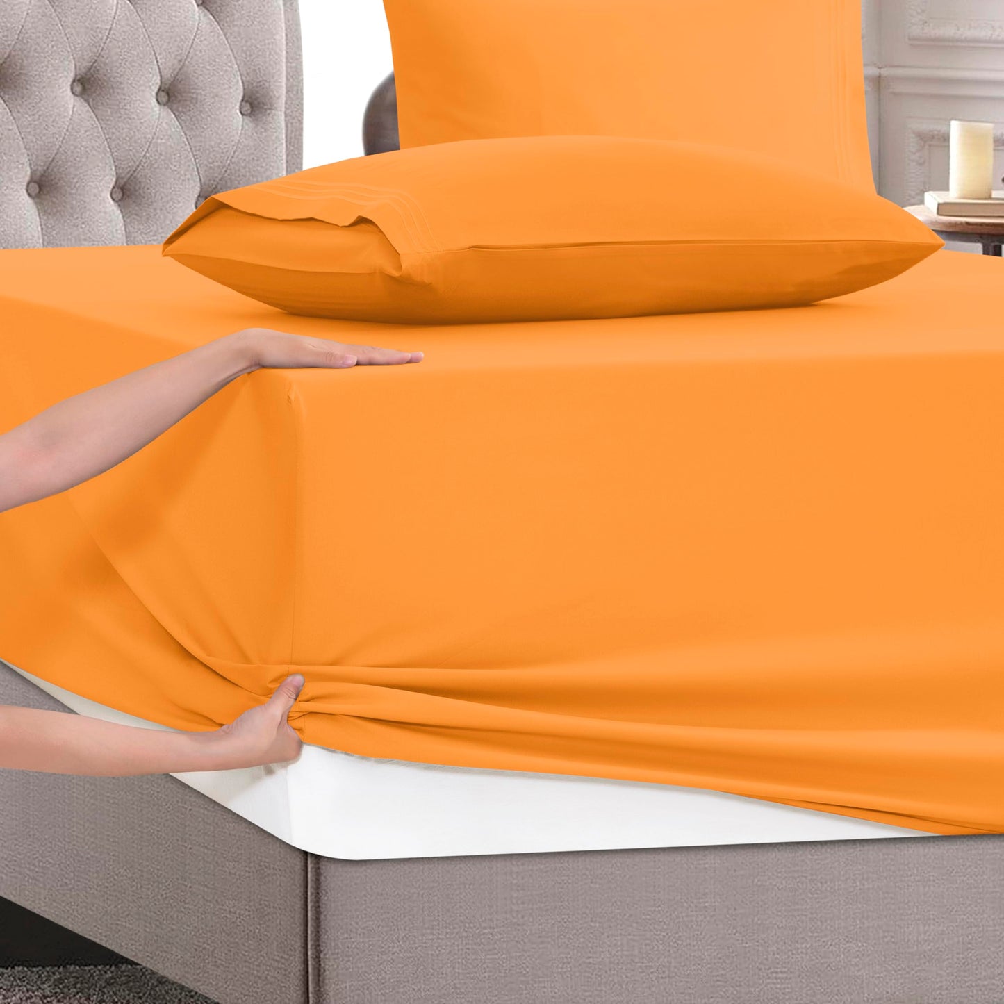 Mocassi Full Size 4-Piece Bed Sheet Set - 1800 Premium Hotel Quality Microfiber 18-24 Inches Extra Deep Pocket Fitted Sheet- Luxury Soft, Breathable, Wrinkle, and Fade Resistant, Orange