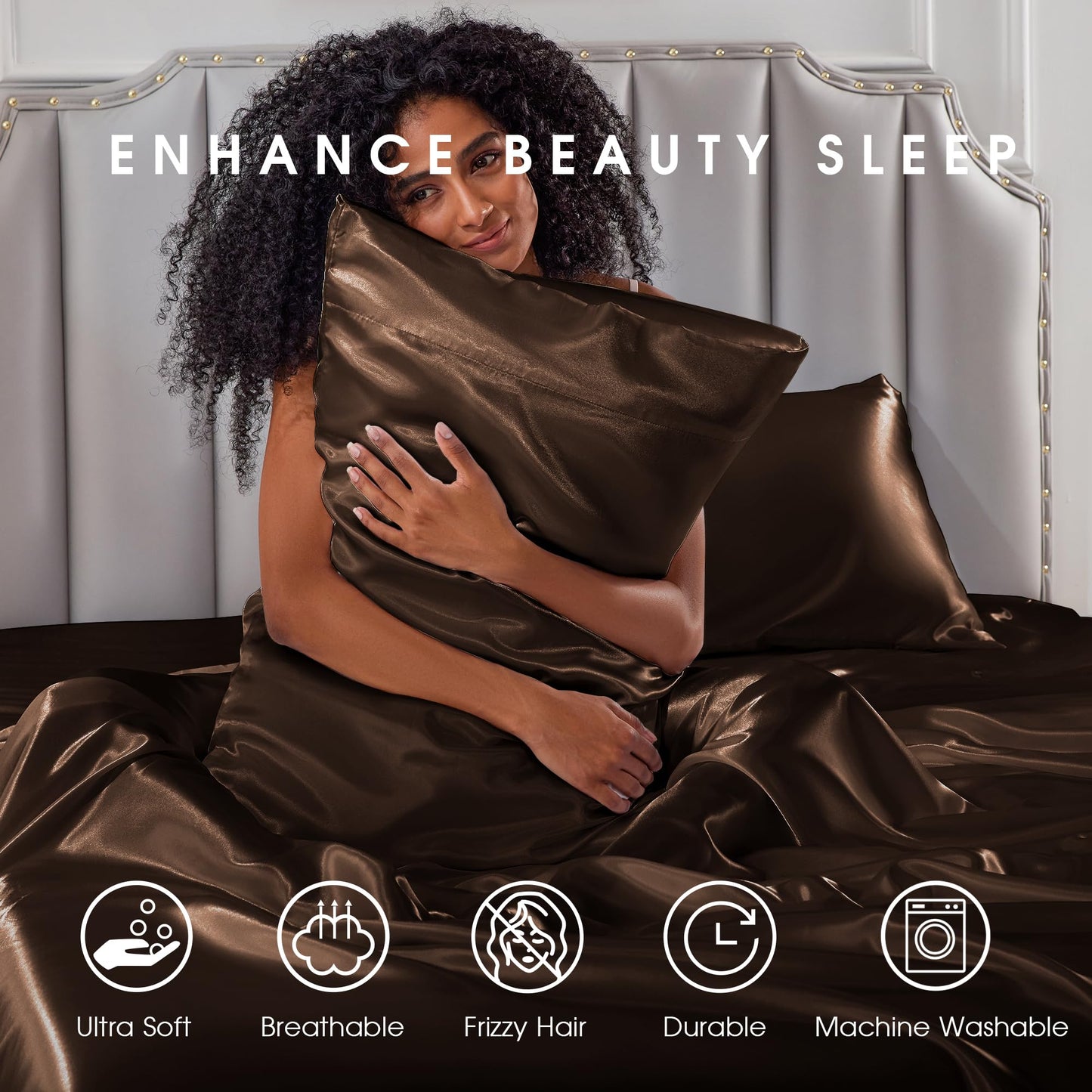 FreshCulture Satin Sheets Full Size - 4 Piece Luxury Soft Silky Full Size Bed Sheets, Similar to Silk Bed Sheet Set with 1 Deep Pocket Fitted Sheet, 1 Flat Sheet & 2 Pillowcases (Brown)