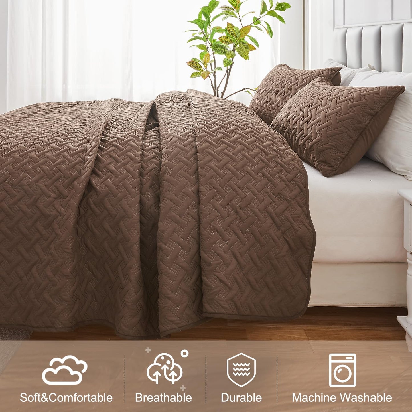 U-NICE HOME 3-Piece Quilt Set Full/Queen Size for All Season with Pillow Shams, Reversible Bedspread/Coverlet/Bedding Decor-Soft, Lightweight, Chocolate
