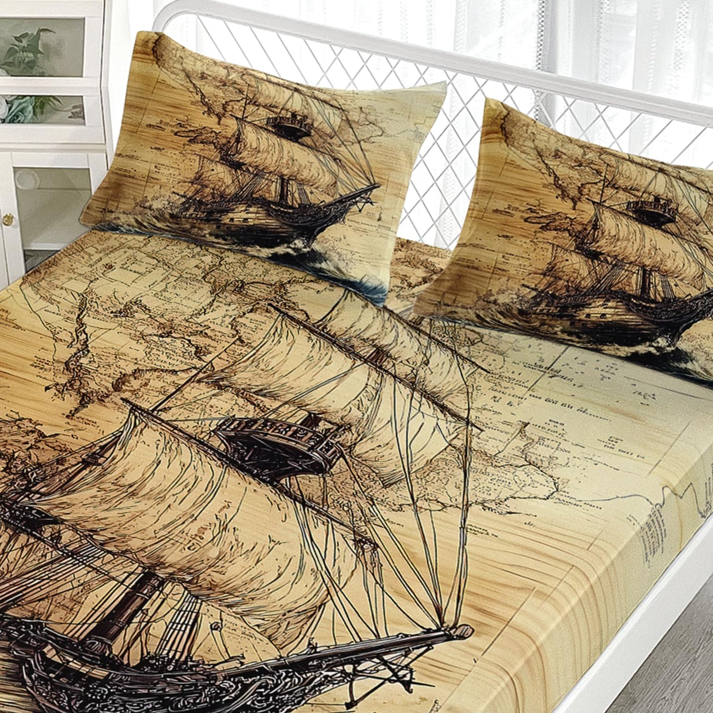 AILONEN Ocean Voyage Theme Fitted Sheet Set for Kids Girls Adult Women,Anchor Nautical Bedding Set Twin XL Size,Printed Printed Bed Sheet Set,3-Piece 1 Sheet Set + 2 Pillowcases